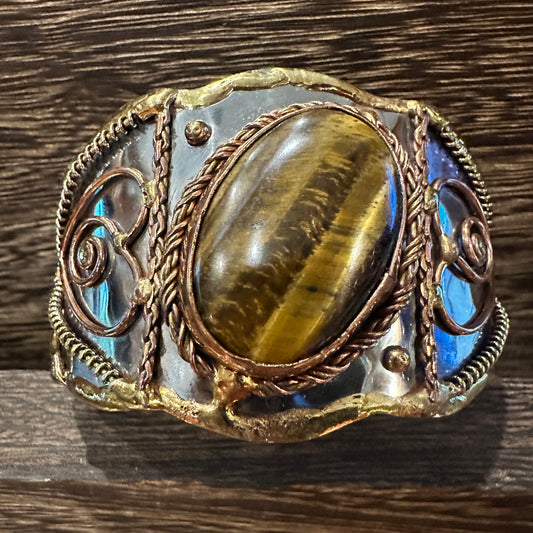 Bold Elegance: Adjustable Mixed Metals Cuff Bracelet with Handcrafted Tiger Eye Silver Elegant