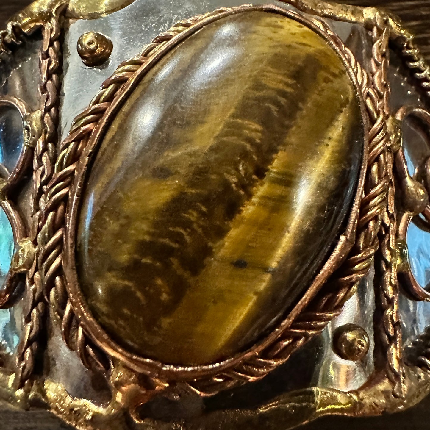 Bold Elegance: Adjustable Mixed Metals Cuff Bracelet with Handcrafted Tiger Eye Silver Elegant