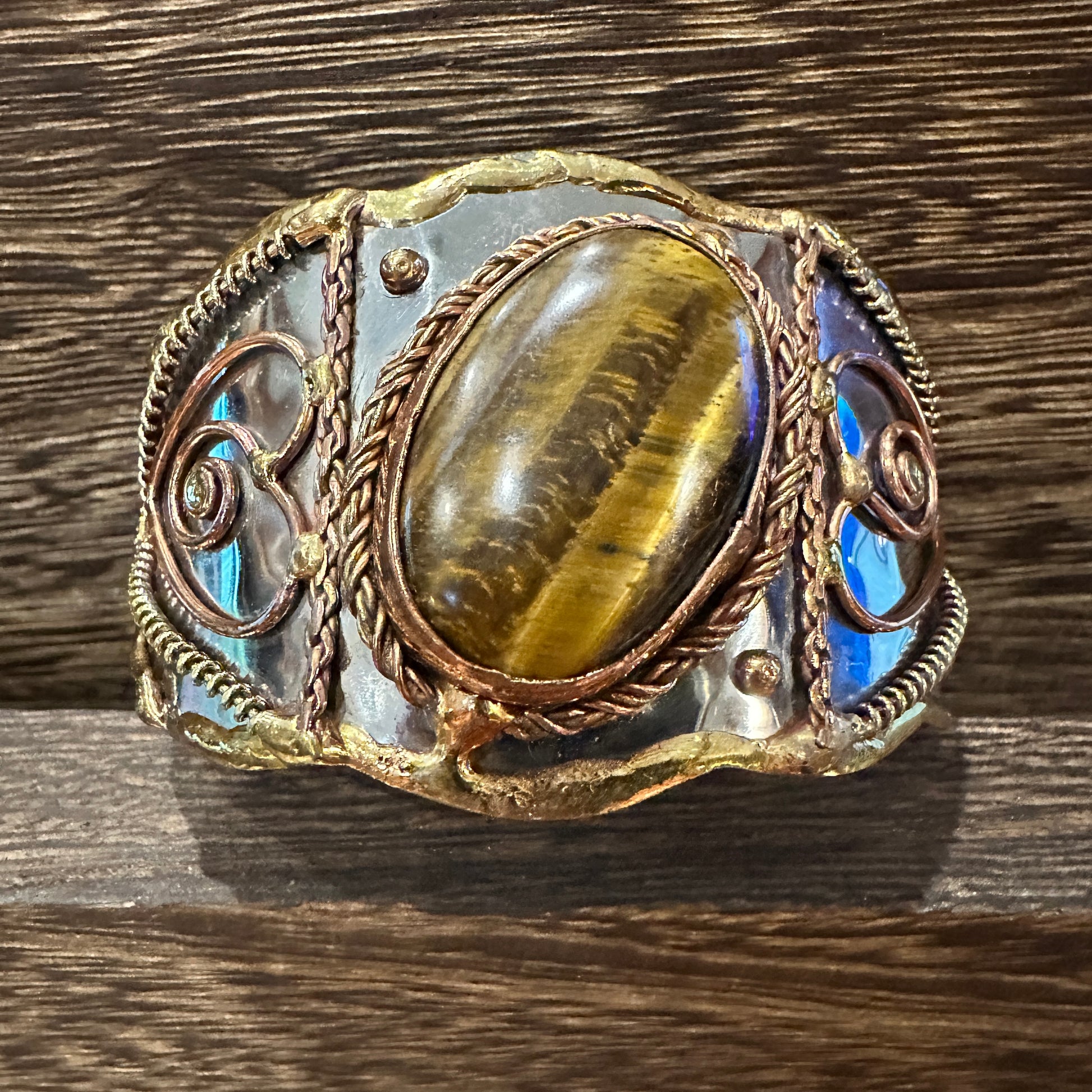 Bold Elegance: Adjustable Mixed Metals Cuff Bracelet with Handcrafted Tiger Eye Silver Elegant