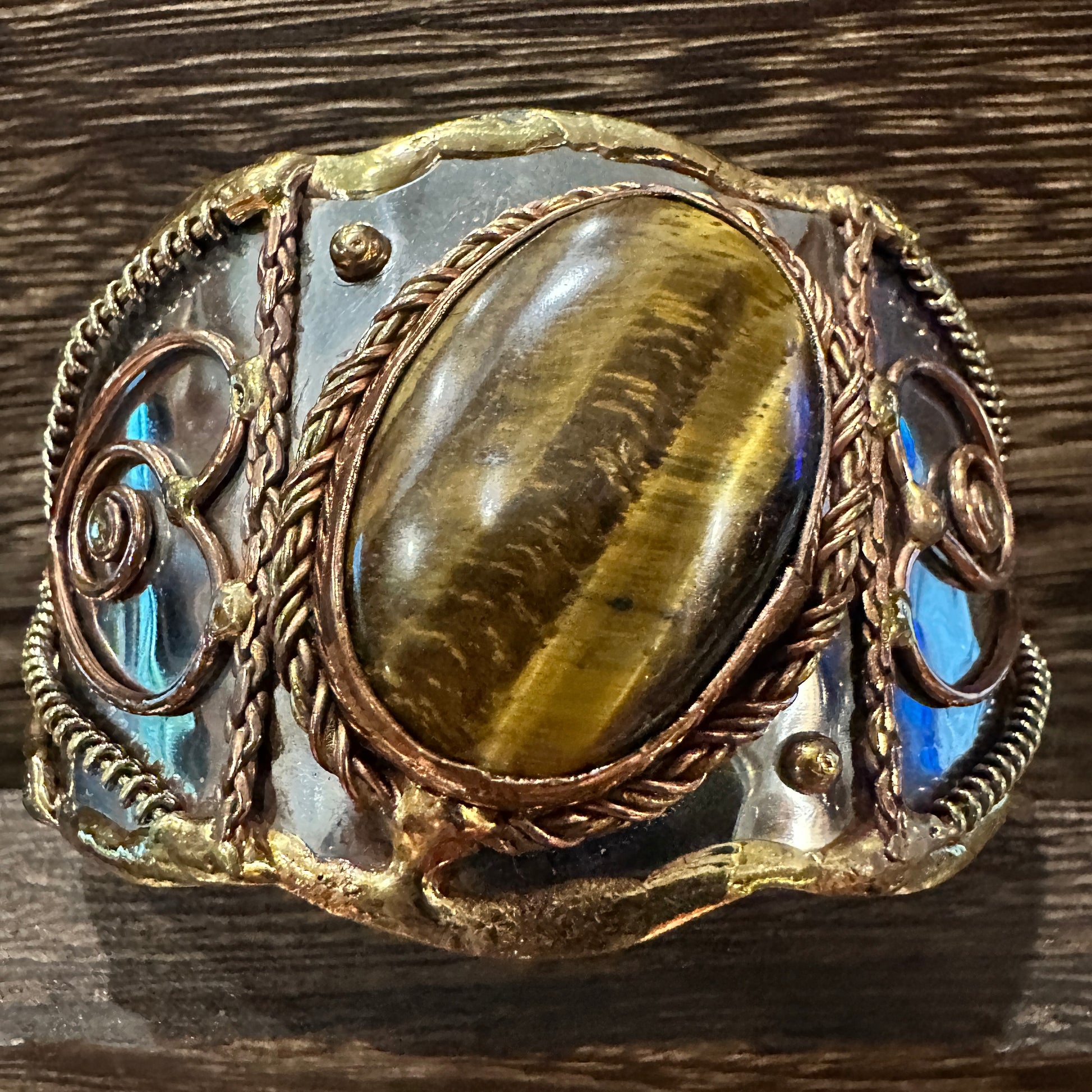 Bold Elegance: Adjustable Mixed Metals Cuff Bracelet with Handcrafted Tiger Eye Silver Elegant