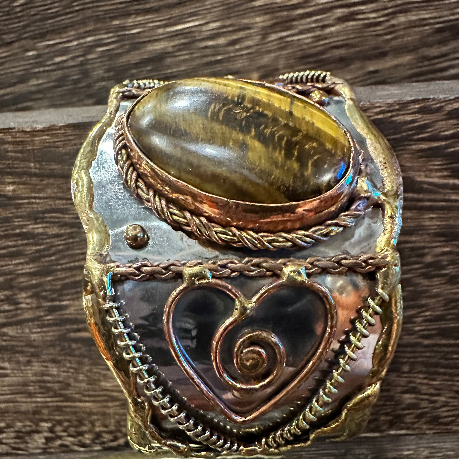 Bold Elegance: Adjustable Mixed Metals Cuff Bracelet with Handcrafted Tiger Eye Silver Elegant