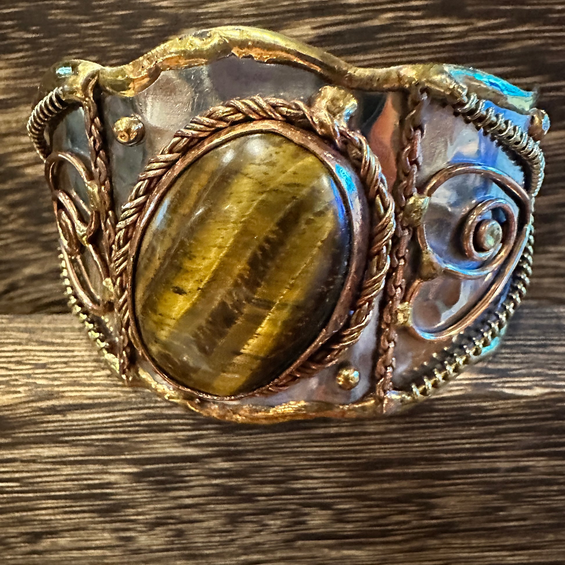 Bold Elegance: Adjustable Mixed Metals Cuff Bracelet with Handcrafted Tiger Eye Silver Elegant