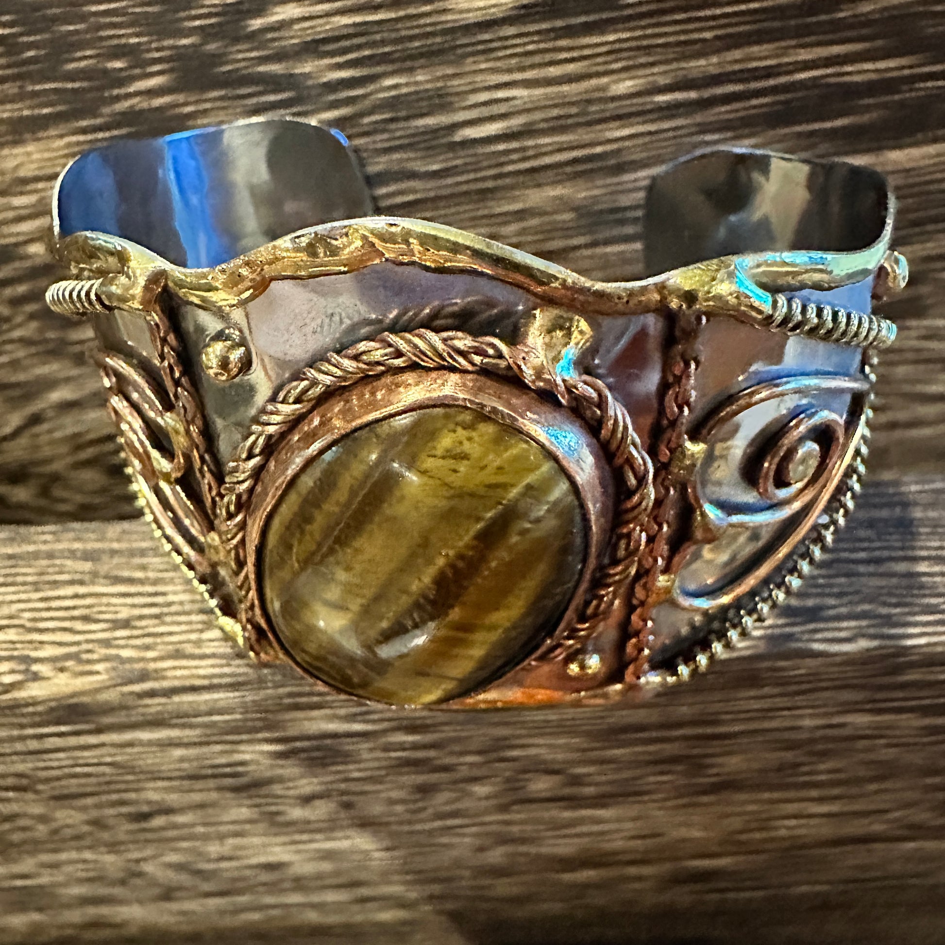 Bold Elegance: Adjustable Mixed Metals Cuff Bracelet with Handcrafted Tiger Eye Silver Elegant