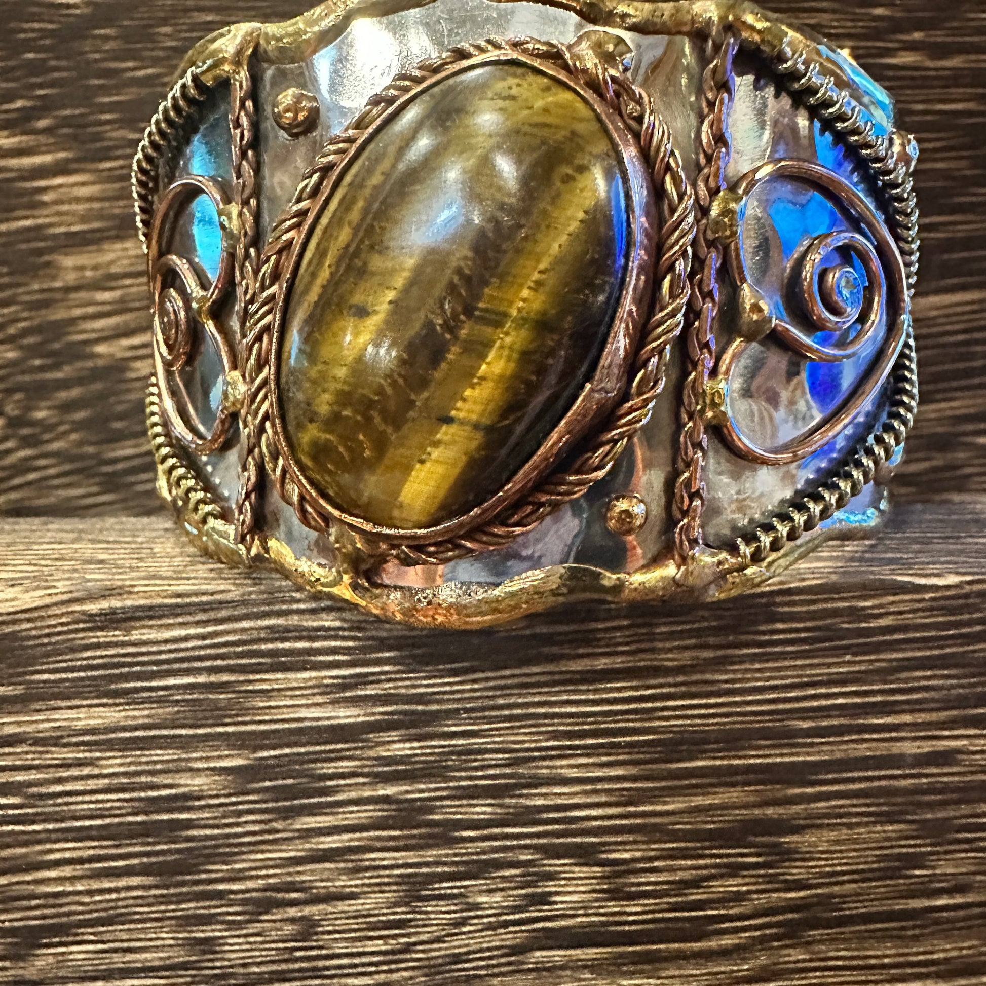 Bold Elegance: Adjustable Mixed Metals Cuff Bracelet with Handcrafted Tiger Eye Silver Elegant