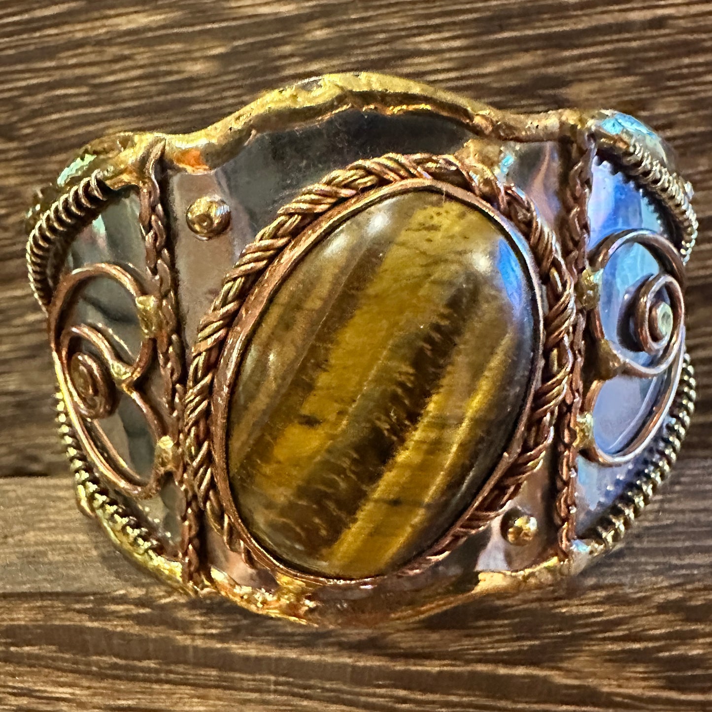 Bold Elegance: Adjustable Mixed Metals Cuff Bracelet with Handcrafted Tiger Eye Silver Elegant