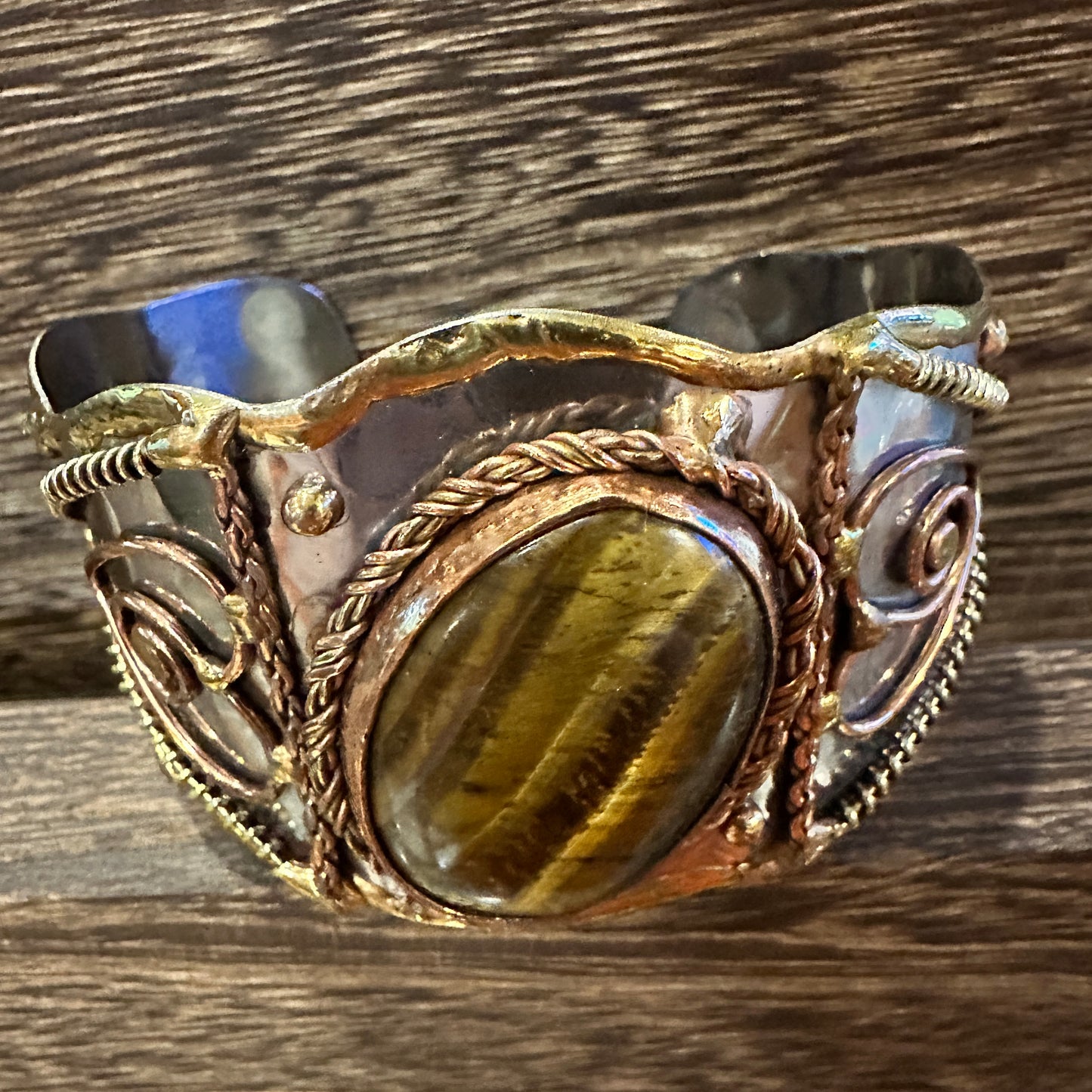 Bold Elegance: Adjustable Mixed Metals Cuff Bracelet with Handcrafted Tiger Eye Silver Elegant