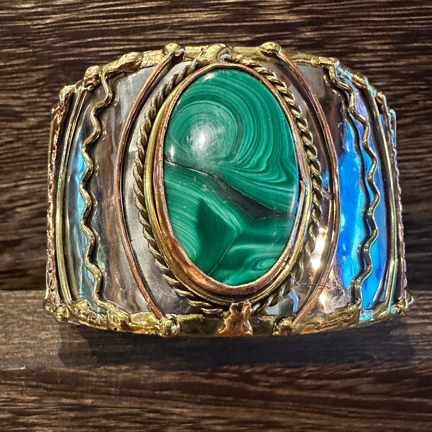 Handcrafted 2in Wide Cuff Bracelet, Malachite Green Stone, Mixed Metals, Adjustable, Gift Box Silver Elegant
