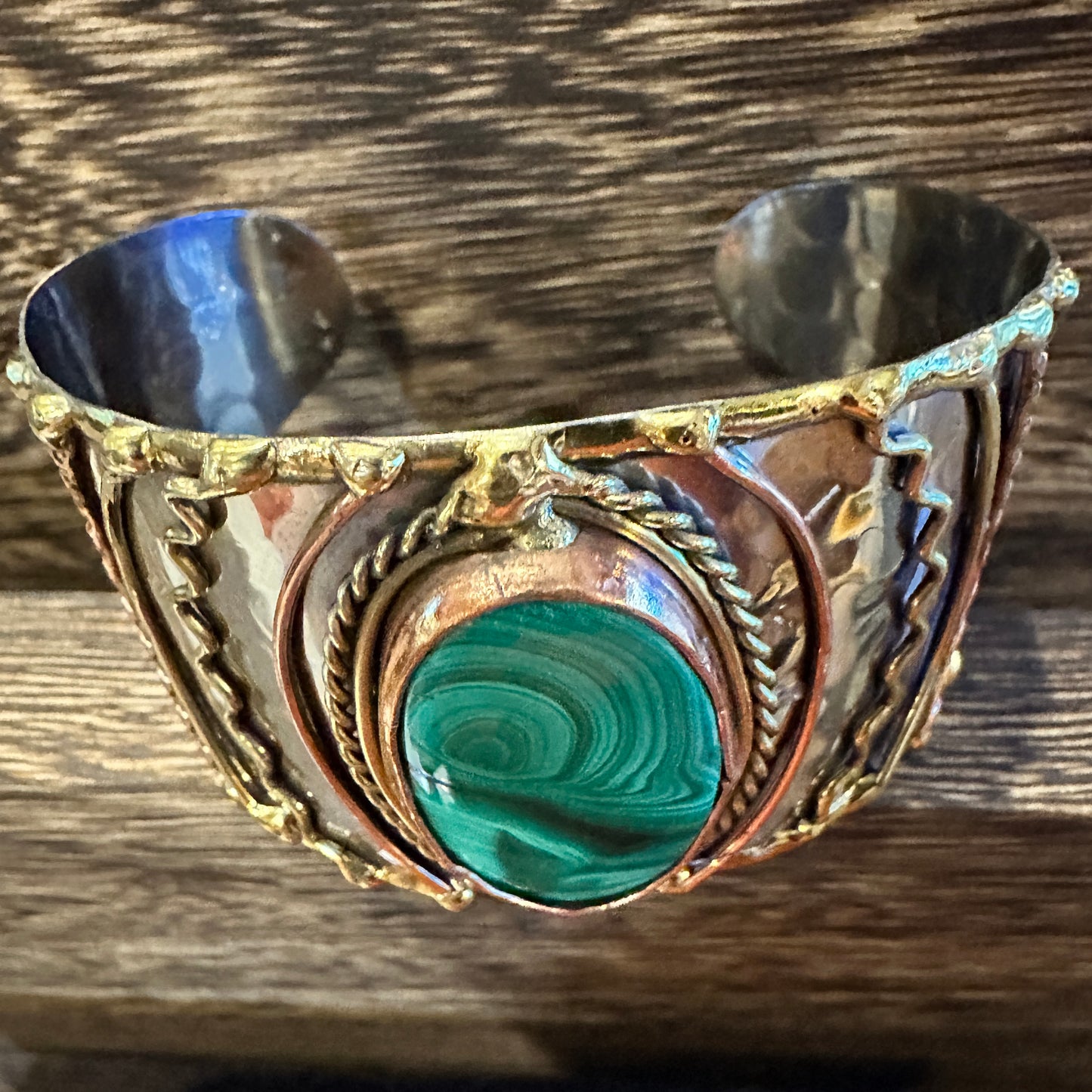 Handcrafted 2in Wide Cuff Bracelet, Malachite Green Stone, Mixed Metals, Adjustable, Gift Box Silver Elegant