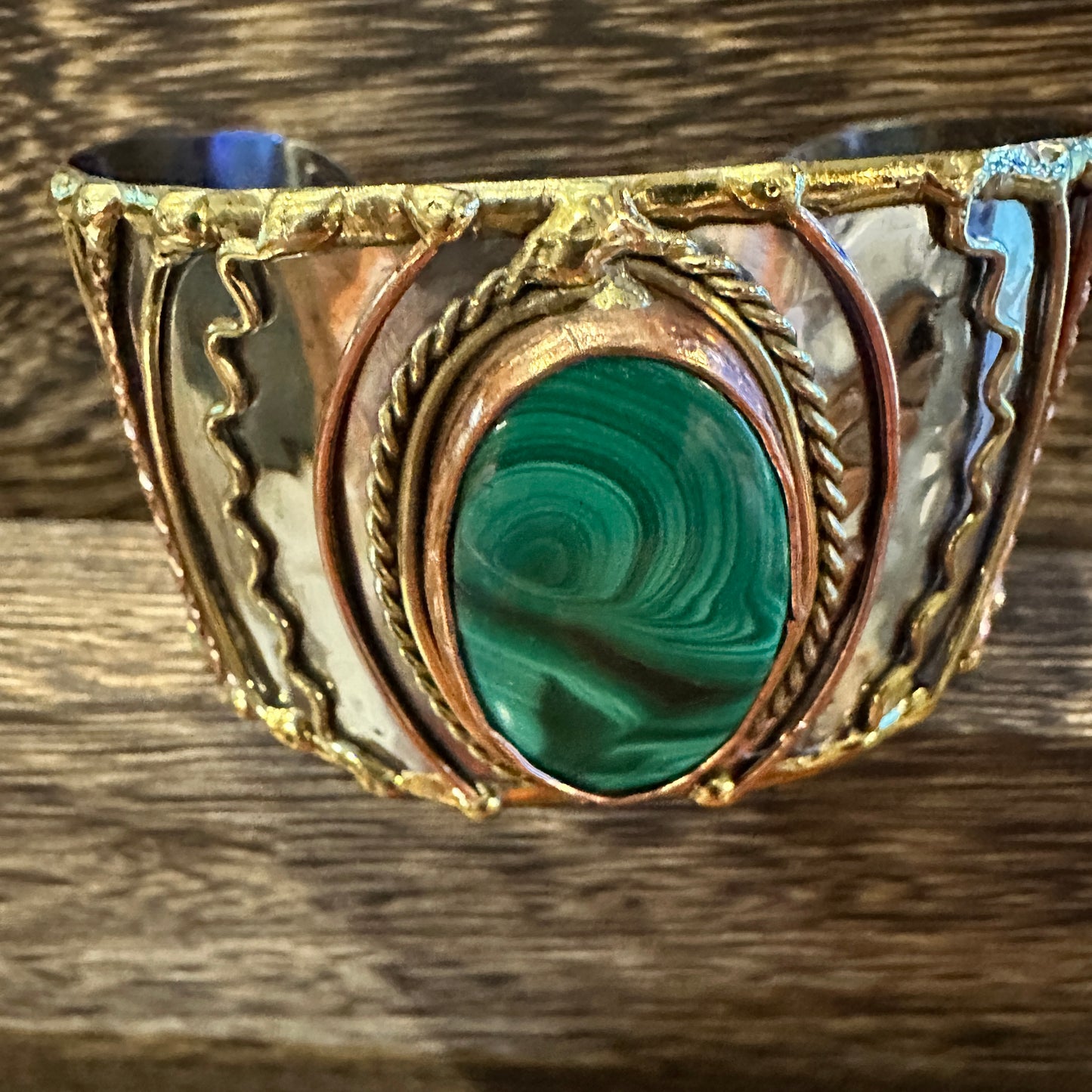 Handcrafted 2in Wide Cuff Bracelet, Malachite Green Stone, Mixed Metals, Adjustable, Gift Box Silver Elegant