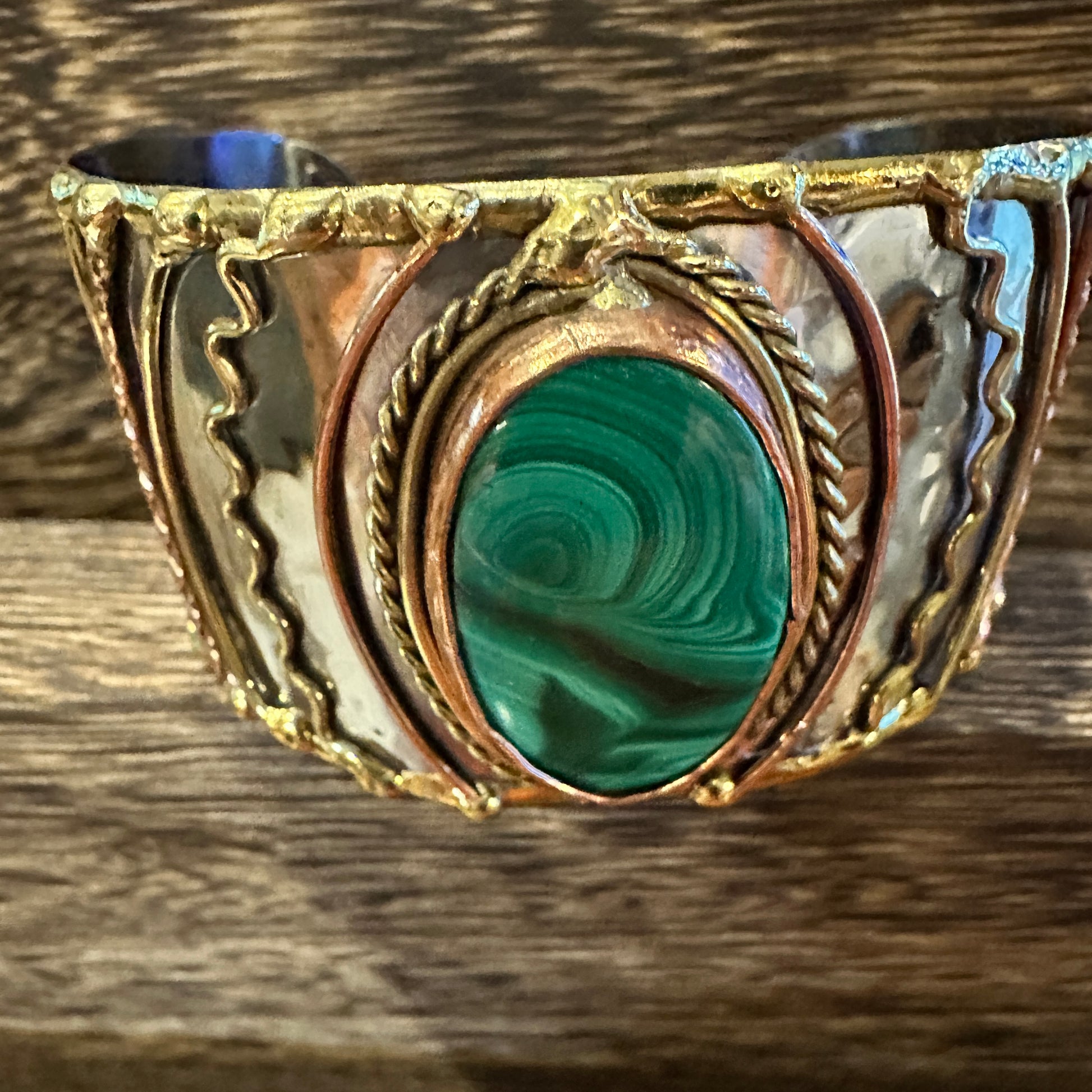 Handcrafted 2in Wide Cuff Bracelet, Malachite Green Stone, Mixed Metals, Adjustable, Gift Box Silver Elegant