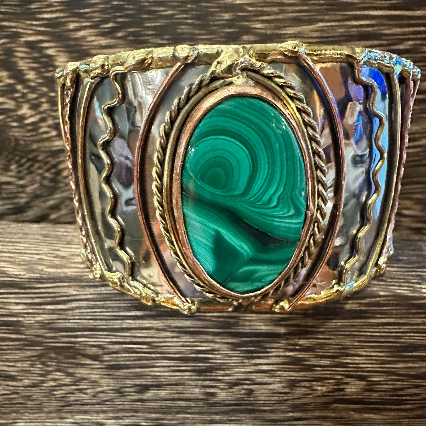 Handcrafted 2in Wide Cuff Bracelet, Malachite Green Stone, Mixed Metals, Adjustable, Gift Box Silver Elegant