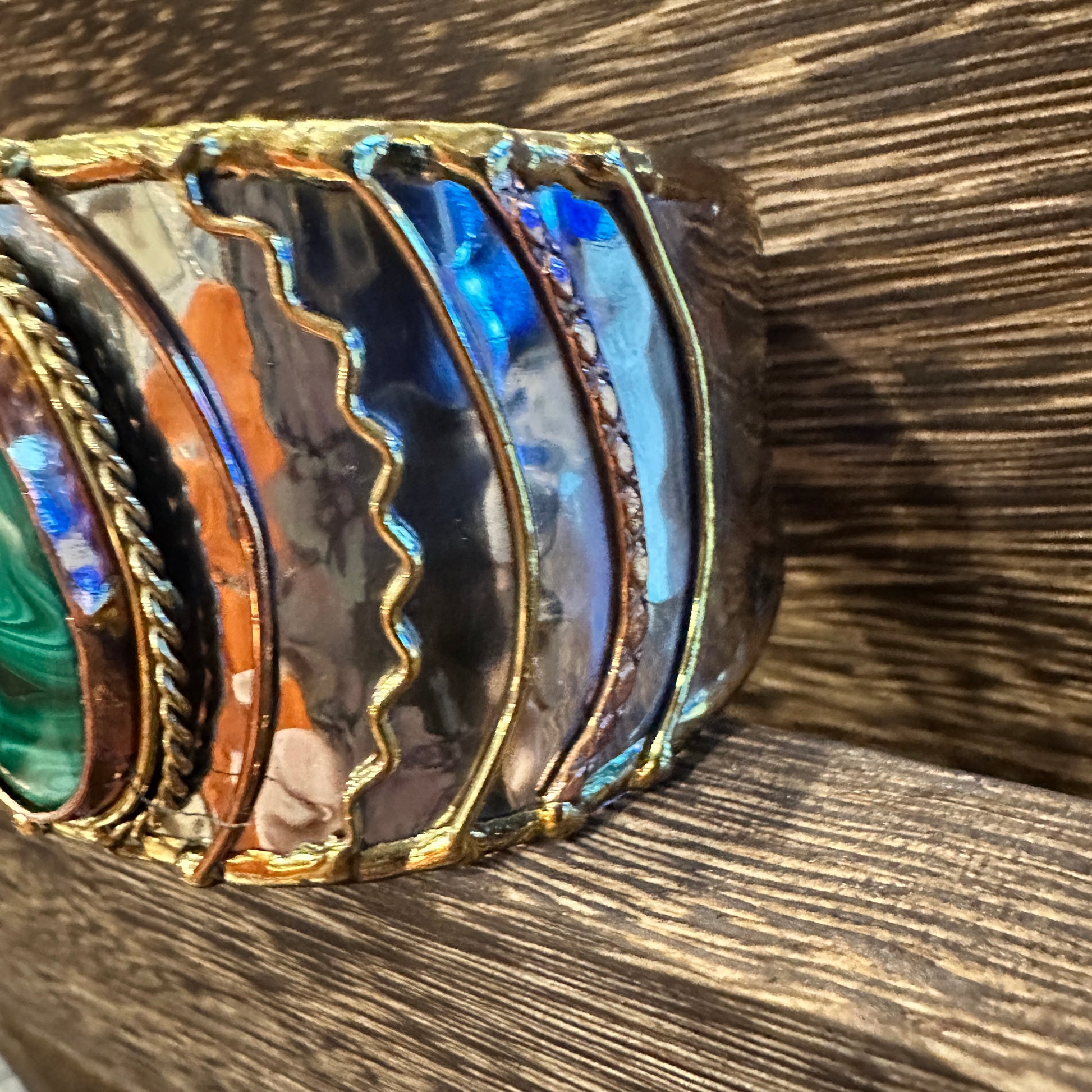 Handcrafted 2in Wide Cuff Bracelet, Malachite Green Stone, Mixed Metals, Adjustable, Gift Box Silver Elegant