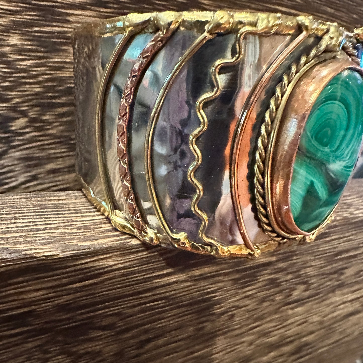 Handcrafted 2in Wide Cuff Bracelet, Malachite Green Stone, Mixed Metals, Adjustable, Gift Box Silver Elegant