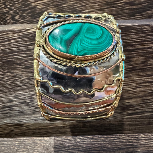 Handcrafted 2in Wide Cuff Bracelet, Malachite Green Stone, Mixed Metals, Adjustable, Gift Box Silver Elegant