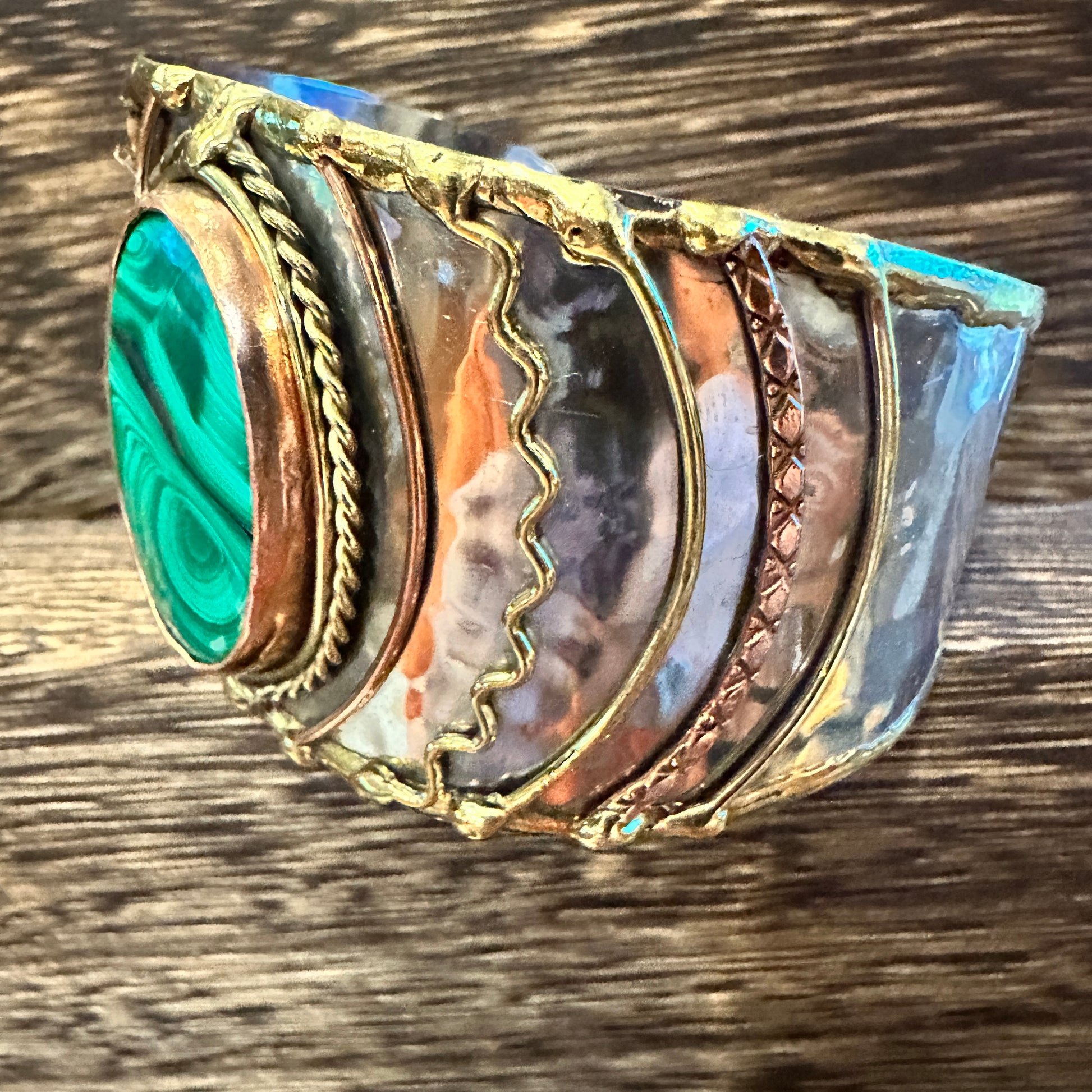 Handcrafted 2in Wide Cuff Bracelet, Malachite Green Stone, Mixed Metals, Adjustable, Gift Box Silver Elegant