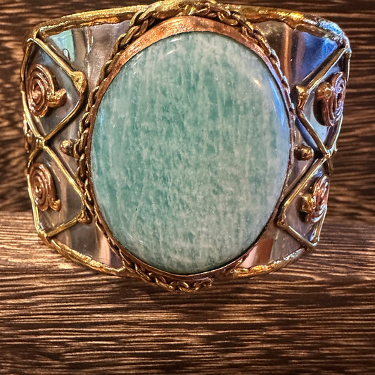 Artisan-Made Adjustable Cuff Bracelet with Amazonite Green Stone and Mixed Metals, Gift-Ready Packaging Silver Elegant
