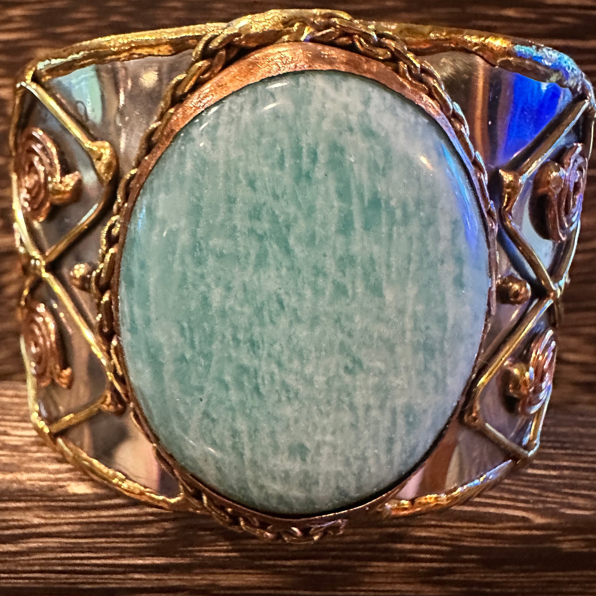 Artisan-Made Adjustable Cuff Bracelet with Amazonite Green Stone and Mixed Metals, Gift-Ready Packaging Silver Elegant