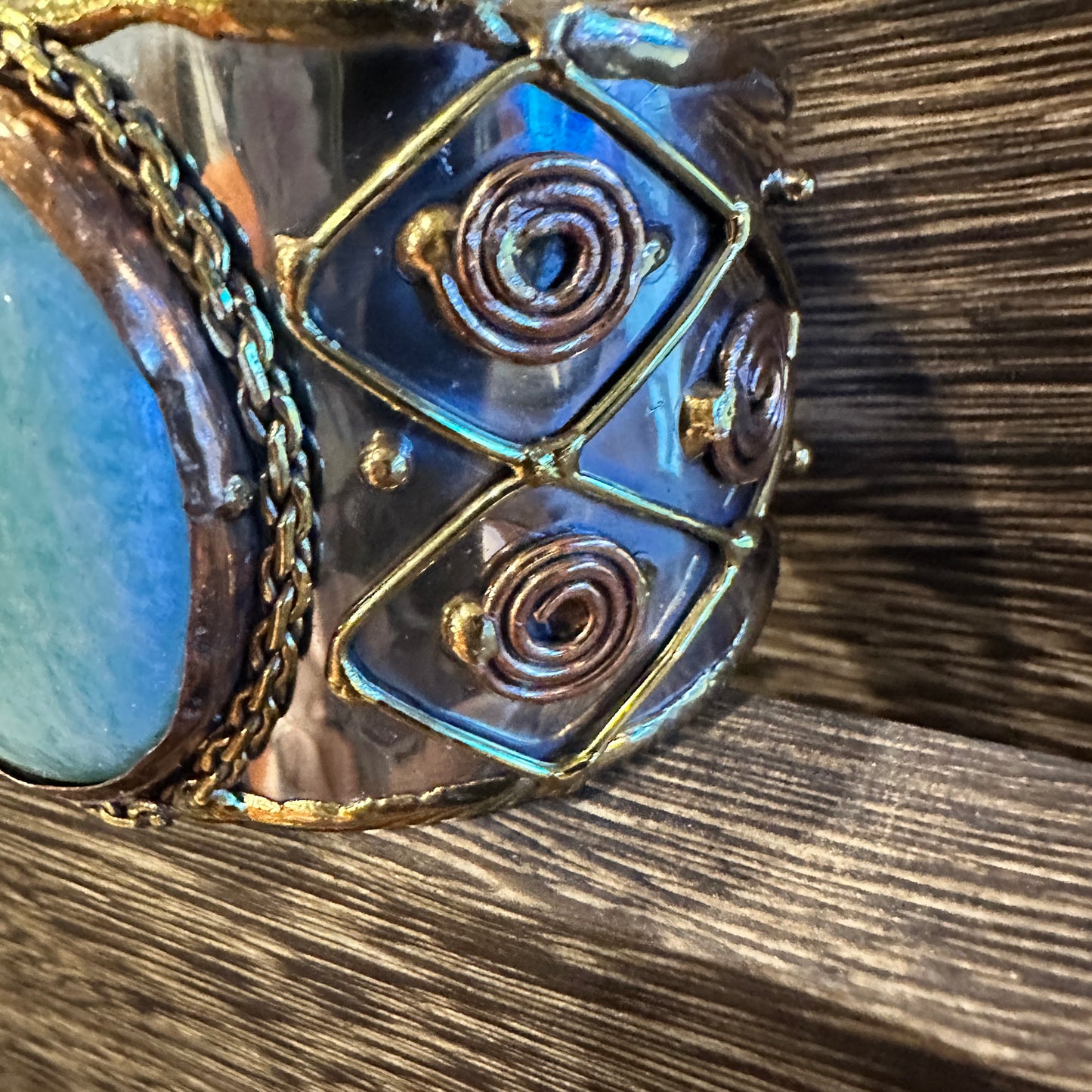 Artisan-Made Adjustable Cuff Bracelet with Amazonite Green Stone and Mixed Metals, Gift-Ready Packaging Silver Elegant