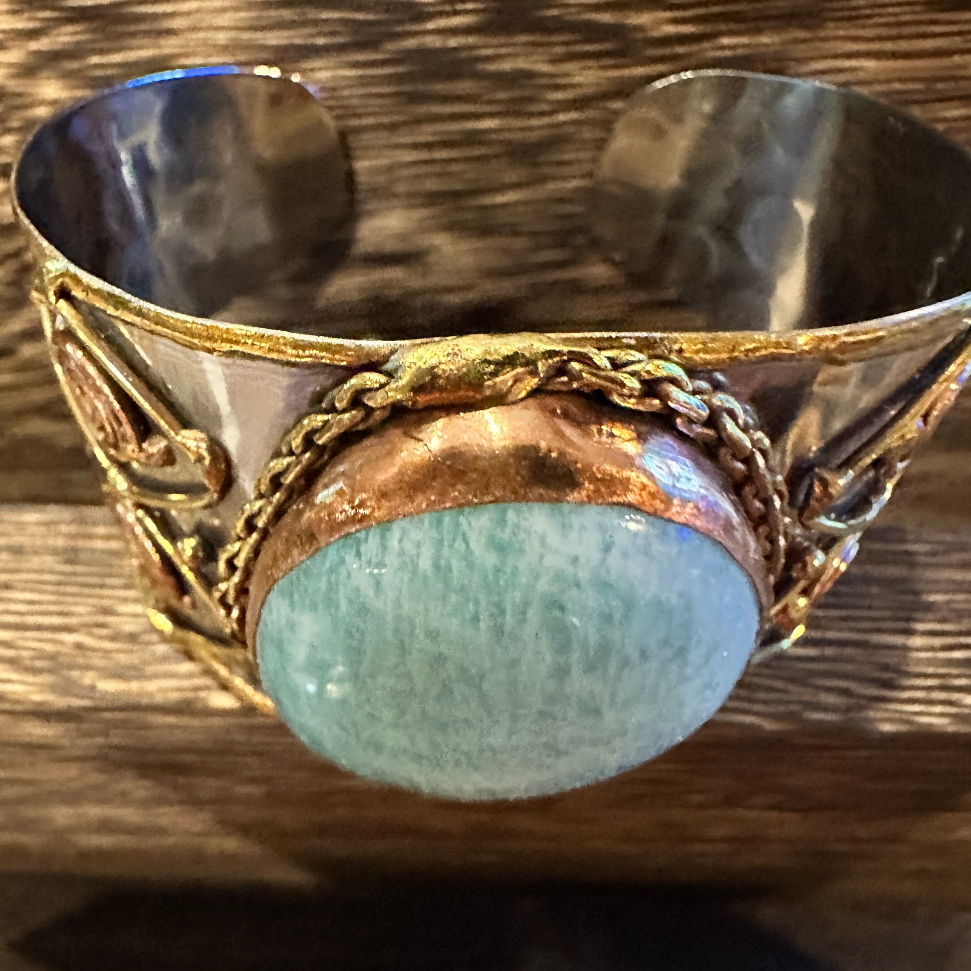Artisan-Made Adjustable Cuff Bracelet with Amazonite Green Stone and Mixed Metals, Gift-Ready Packaging Silver Elegant