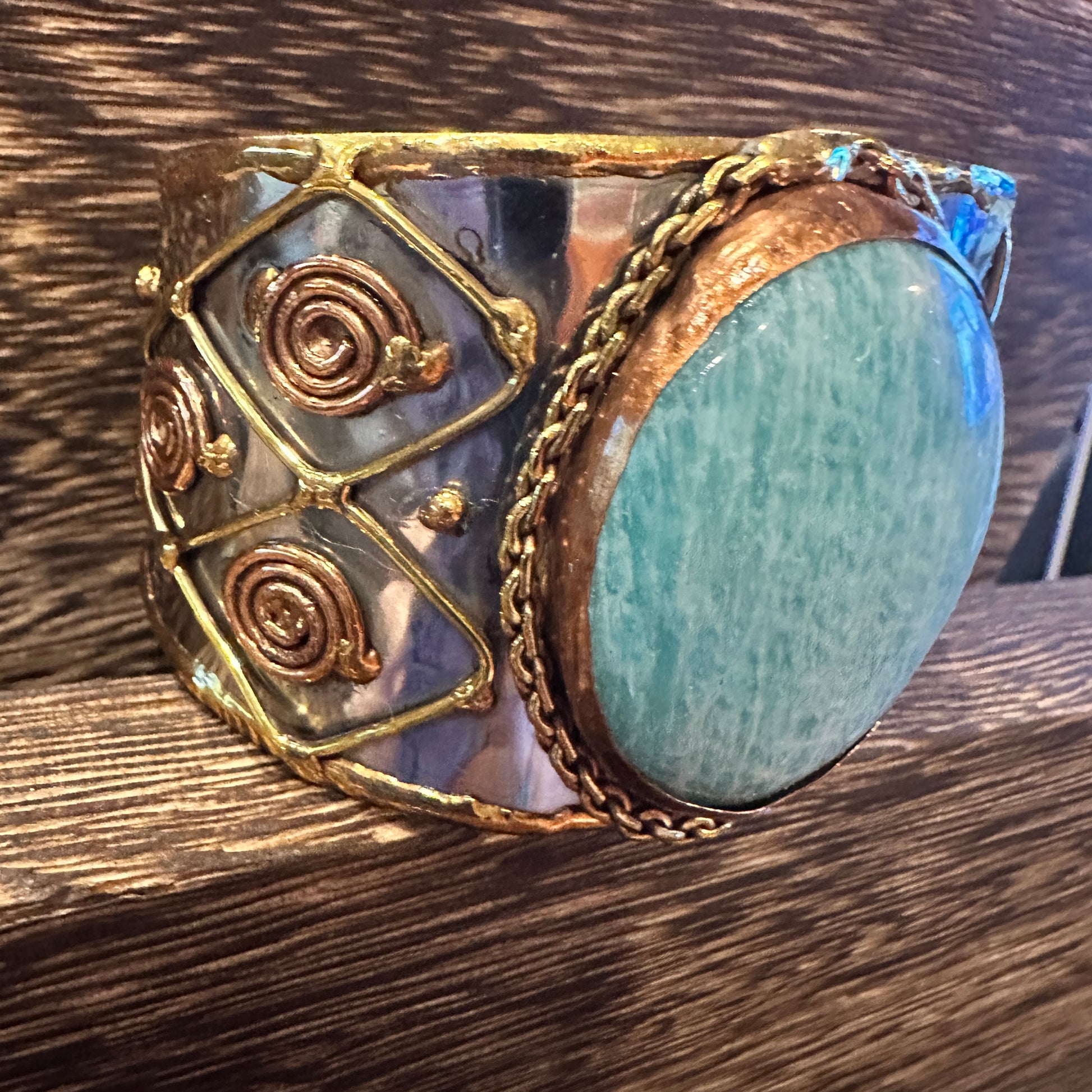 Artisan-Made Adjustable Cuff Bracelet with Amazonite Green Stone and Mixed Metals, Gift-Ready Packaging Silver Elegant