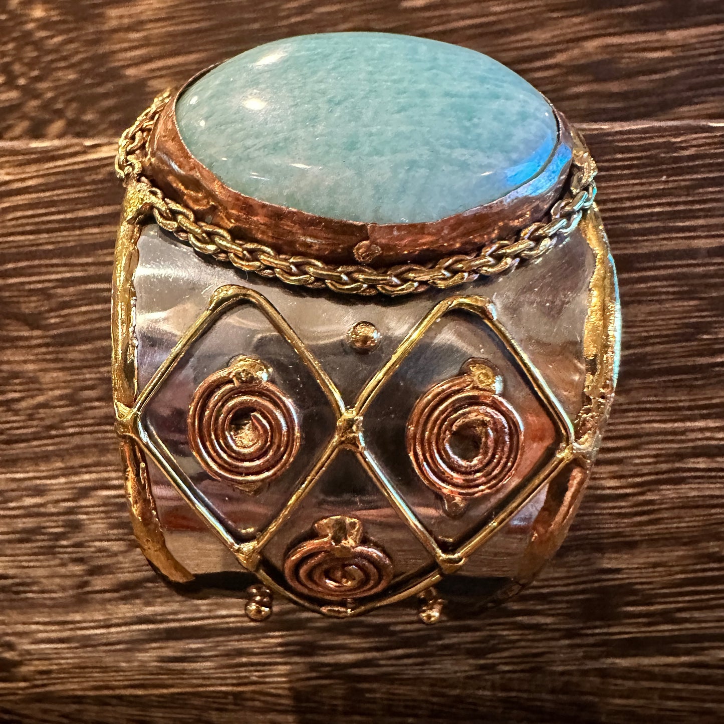 Artisan-Made Adjustable Cuff Bracelet with Amazonite Green Stone and Mixed Metals, Gift-Ready Packaging Silver Elegant