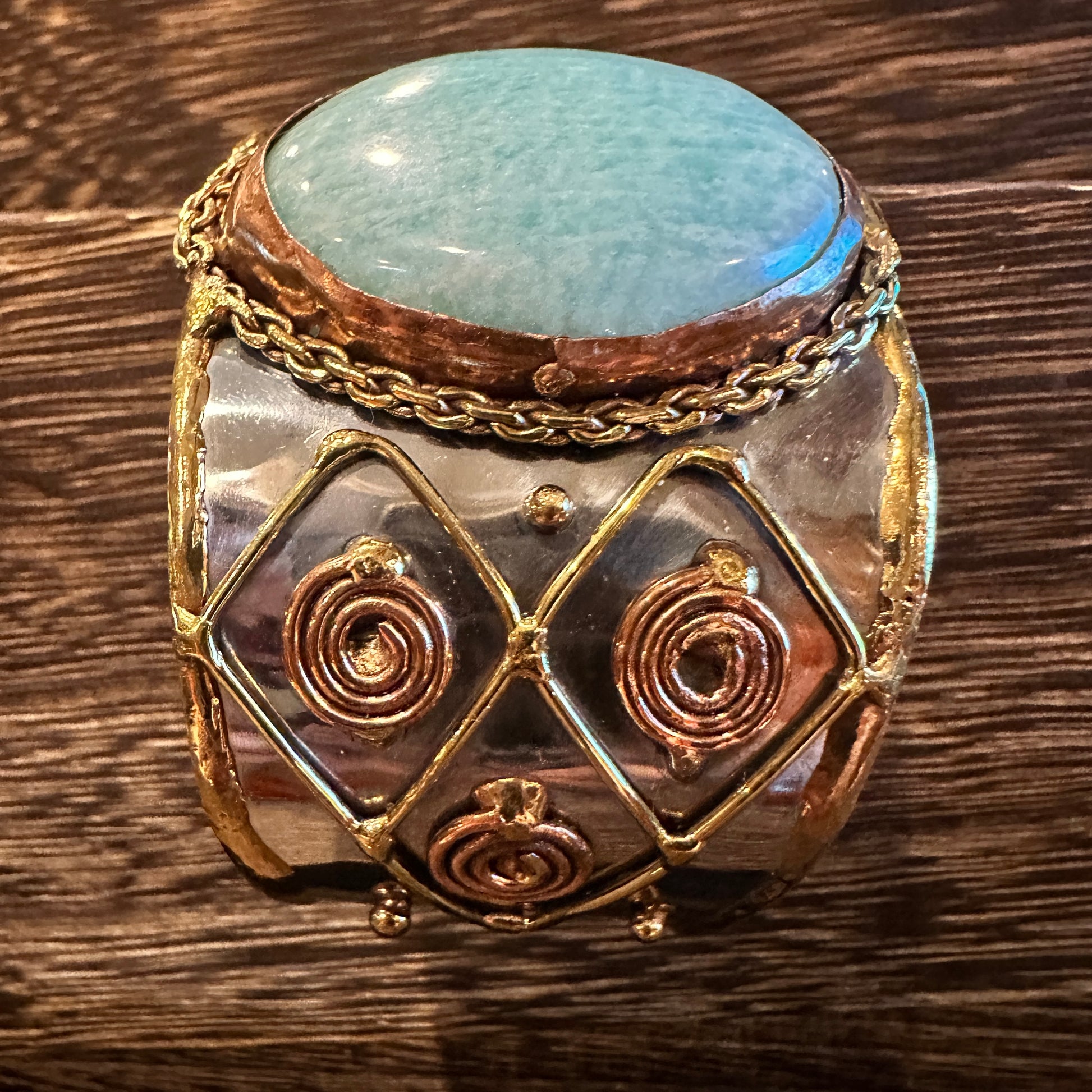 Artisan-Made Adjustable Cuff Bracelet with Amazonite Green Stone and Mixed Metals, Gift-Ready Packaging Silver Elegant