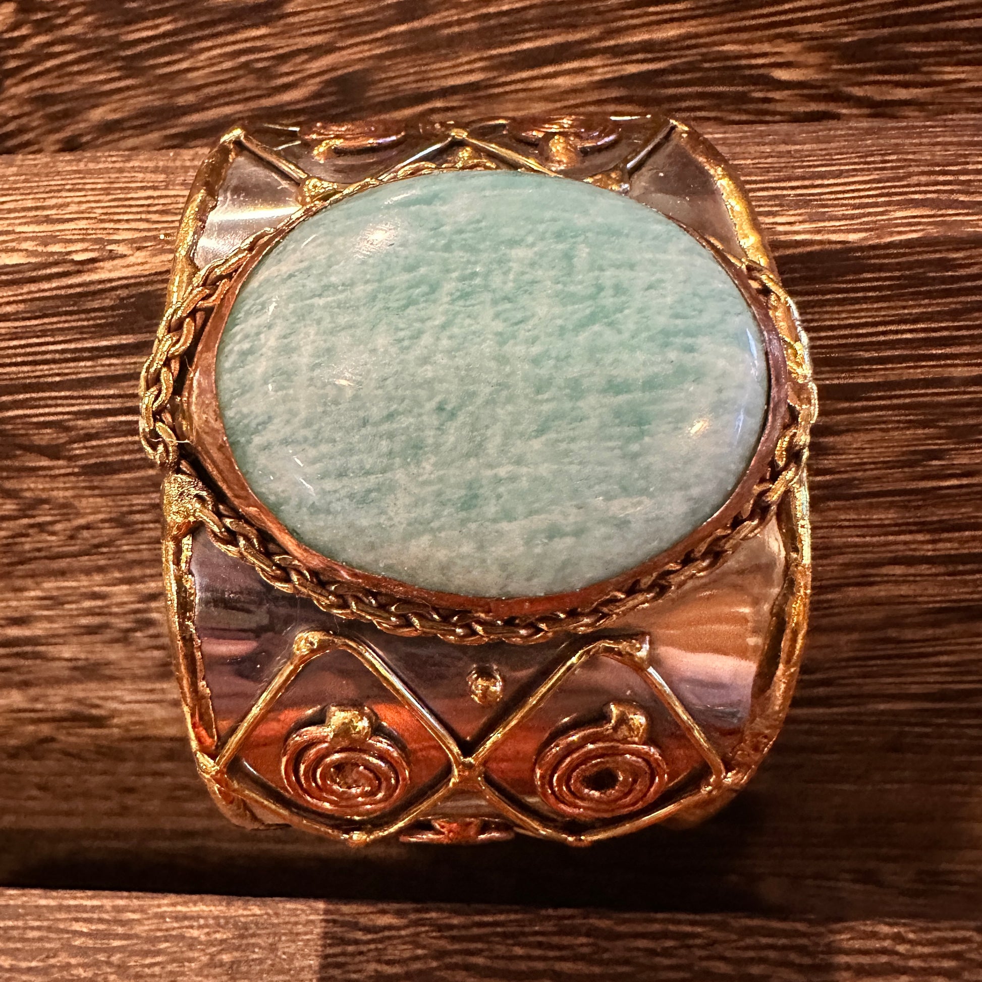 Artisan-Made Adjustable Cuff Bracelet with Amazonite Green Stone and Mixed Metals, Gift-Ready Packaging Silver Elegant