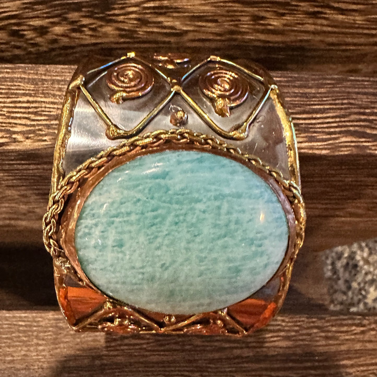 Artisan-Made Adjustable Cuff Bracelet with Amazonite Green Stone and Mixed Metals, Gift-Ready Packaging Silver Elegant