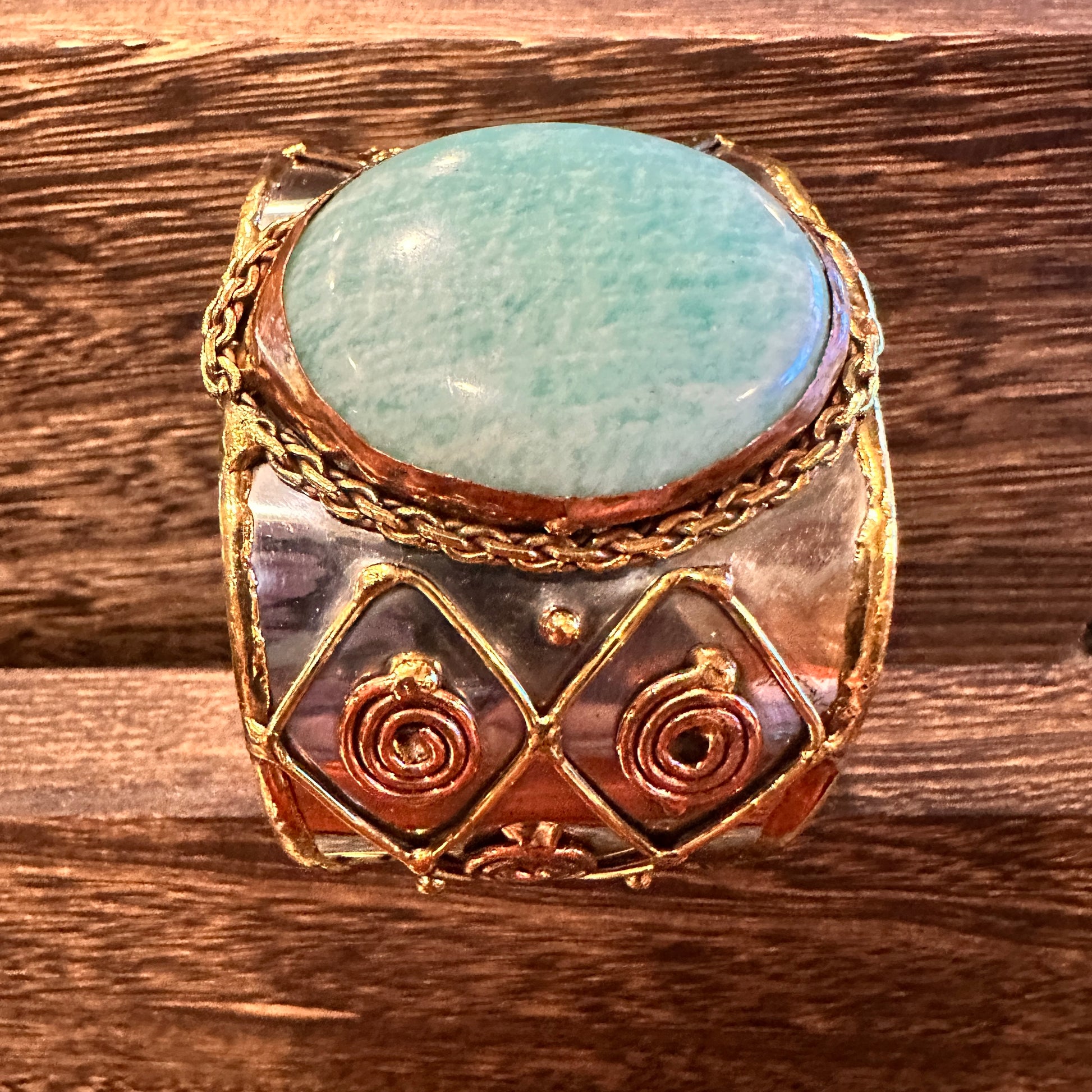 Artisan-Made Adjustable Cuff Bracelet with Amazonite Green Stone and Mixed Metals, Gift-Ready Packaging Silver Elegant