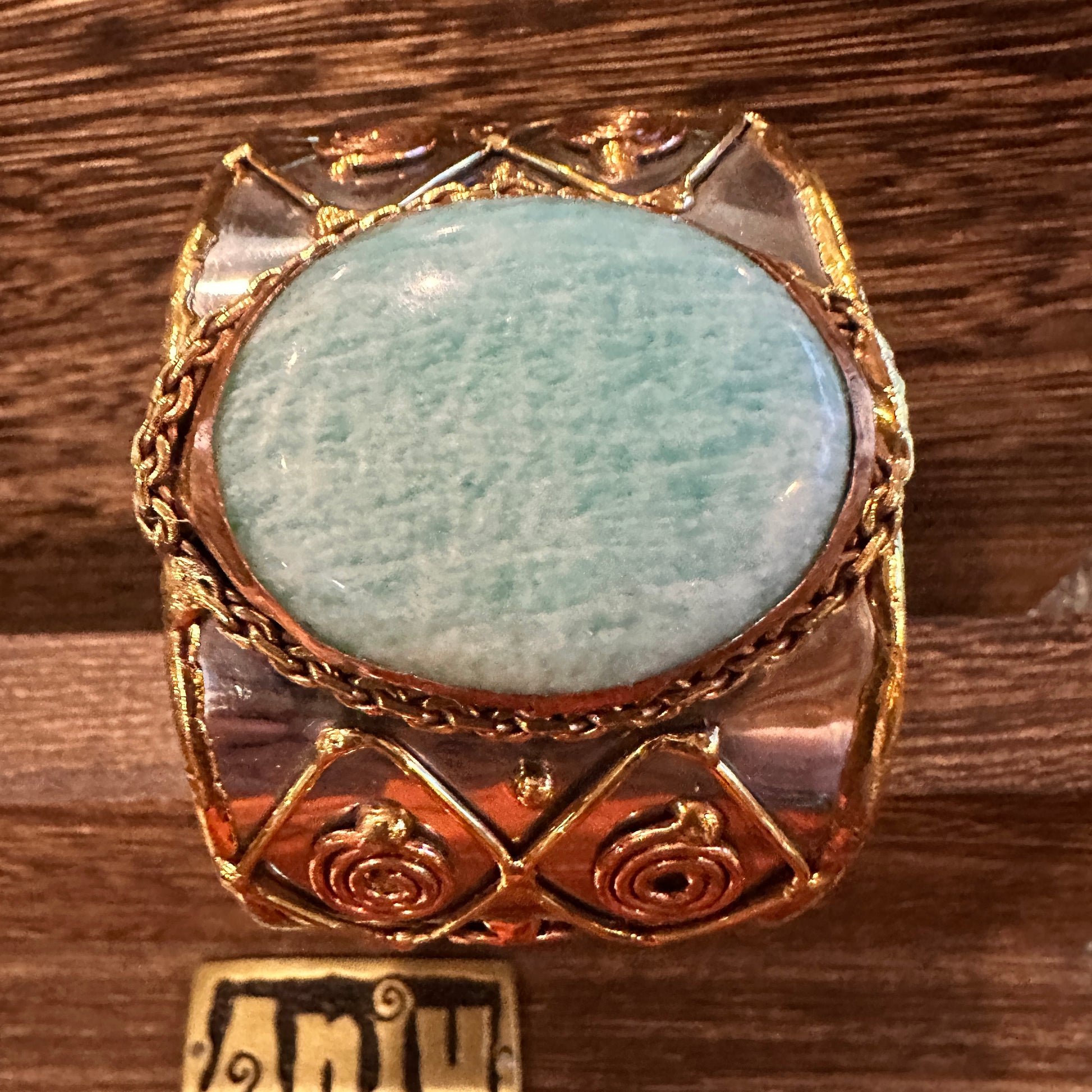 Artisan-Made Adjustable Cuff Bracelet with Amazonite Green Stone and Mixed Metals, Gift-Ready Packaging Silver Elegant
