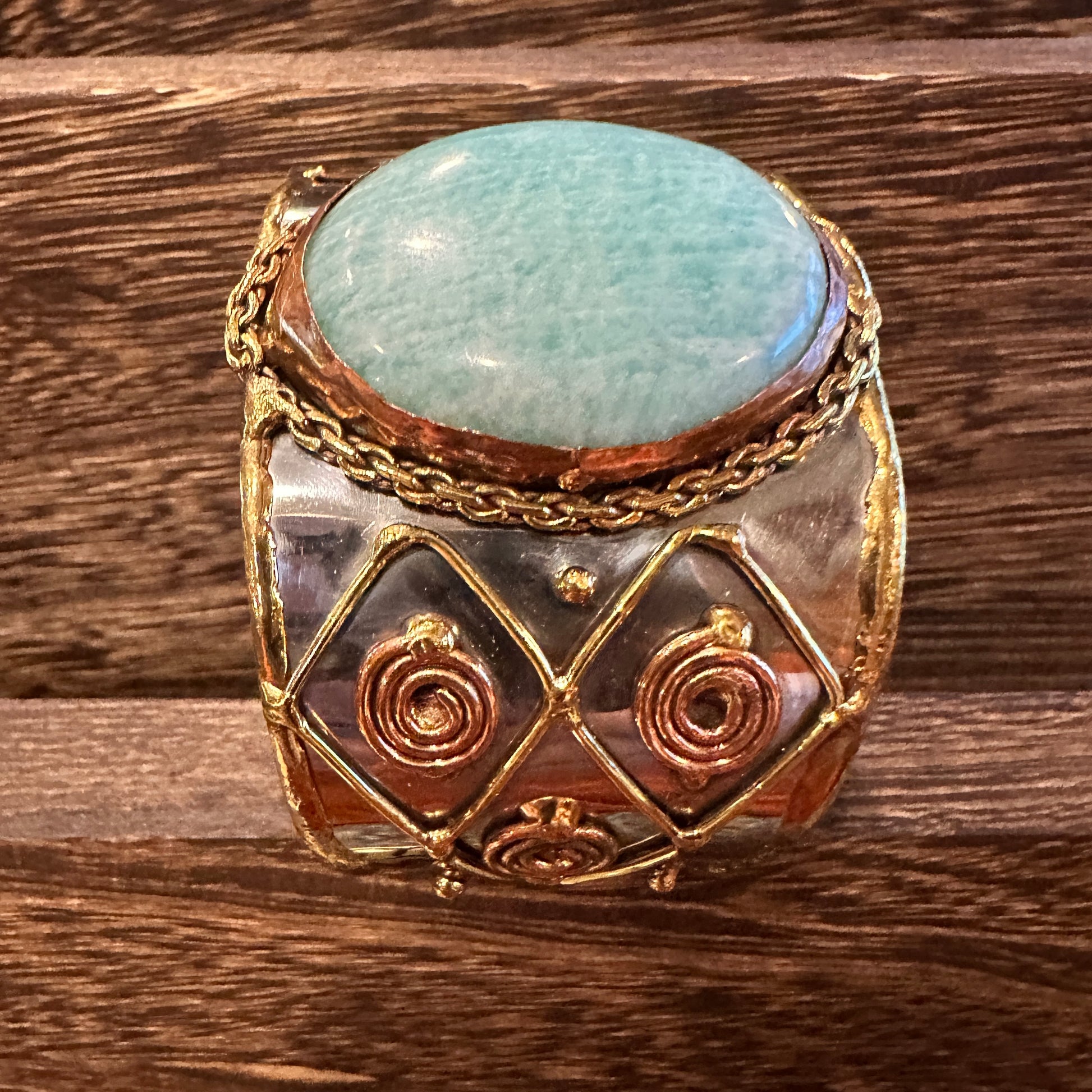Artisan-Made Adjustable Cuff Bracelet with Amazonite Green Stone and Mixed Metals, Gift-Ready Packaging Silver Elegant