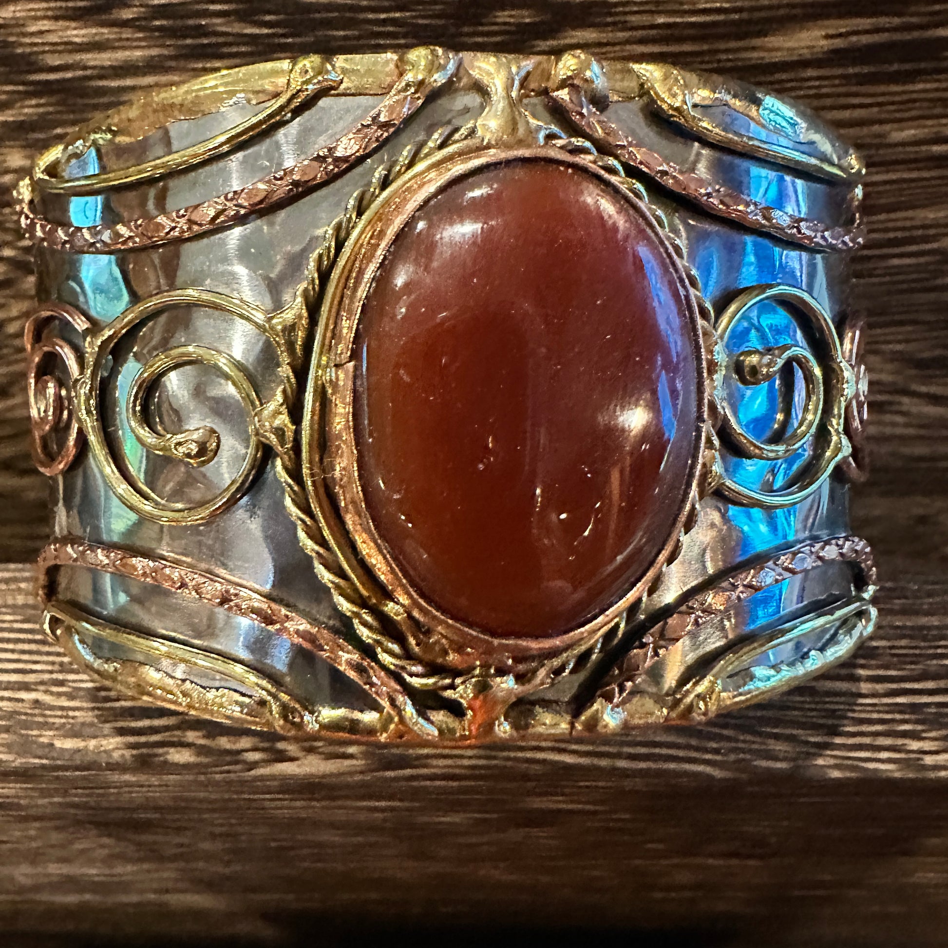 Elegant Adjustable Cuff Bracelet with Red Onyx and Mixed Metals, Gift-Ready Boxed Silver Elegant