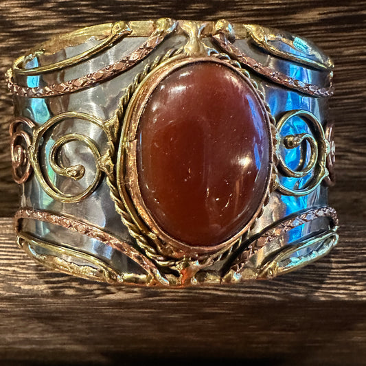 Elegant Adjustable Cuff Bracelet with Red Onyx and Mixed Metals, Gift-Ready Boxed Silver Elegant