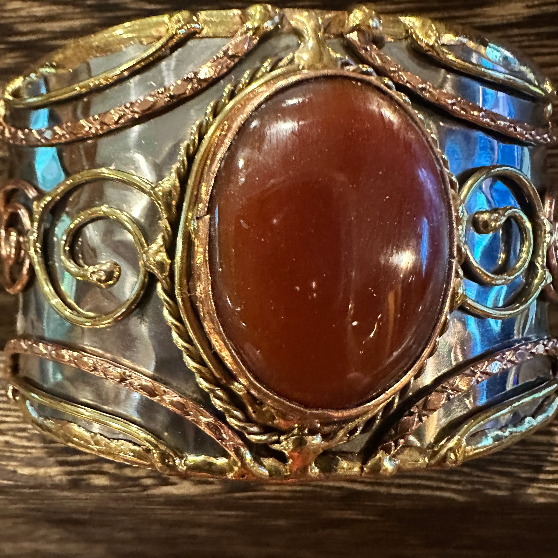 Elegant Adjustable Cuff Bracelet with Red Onyx and Mixed Metals, Gift-Ready Boxed Silver Elegant