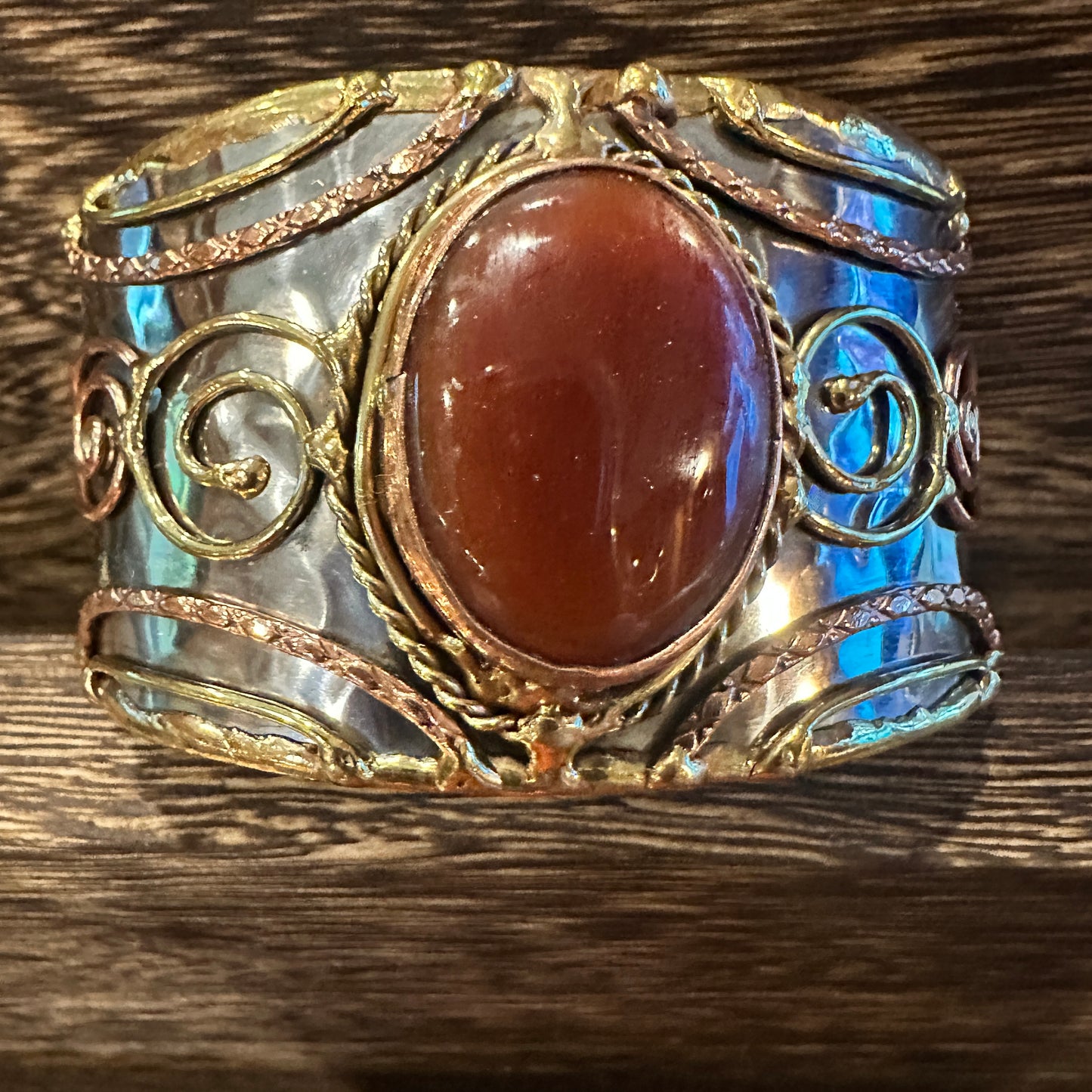 Elegant Adjustable Cuff Bracelet with Red Onyx and Mixed Metals, Gift-Ready Boxed Silver Elegant