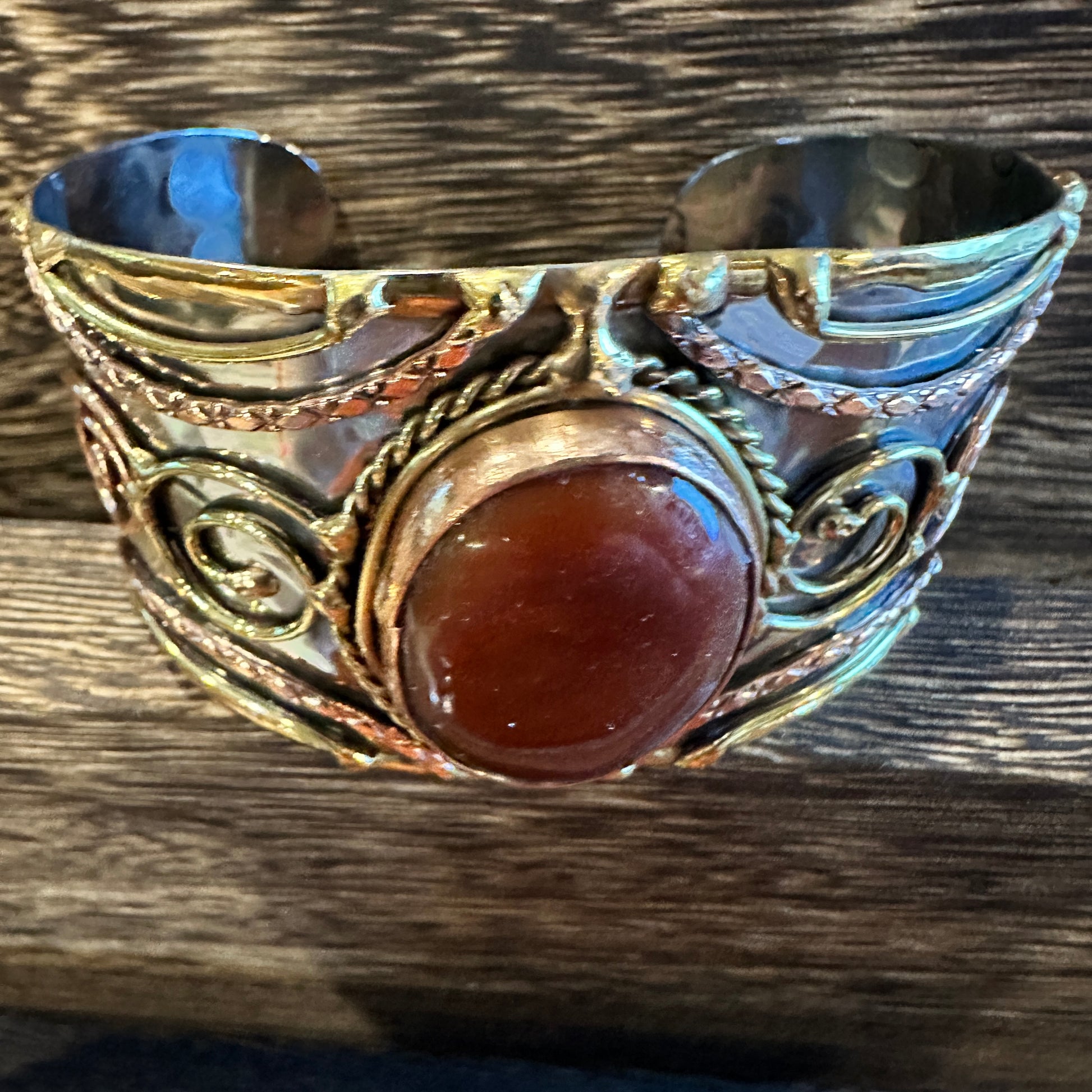 Elegant Adjustable Cuff Bracelet with Red Onyx and Mixed Metals, Gift-Ready Boxed Silver Elegant