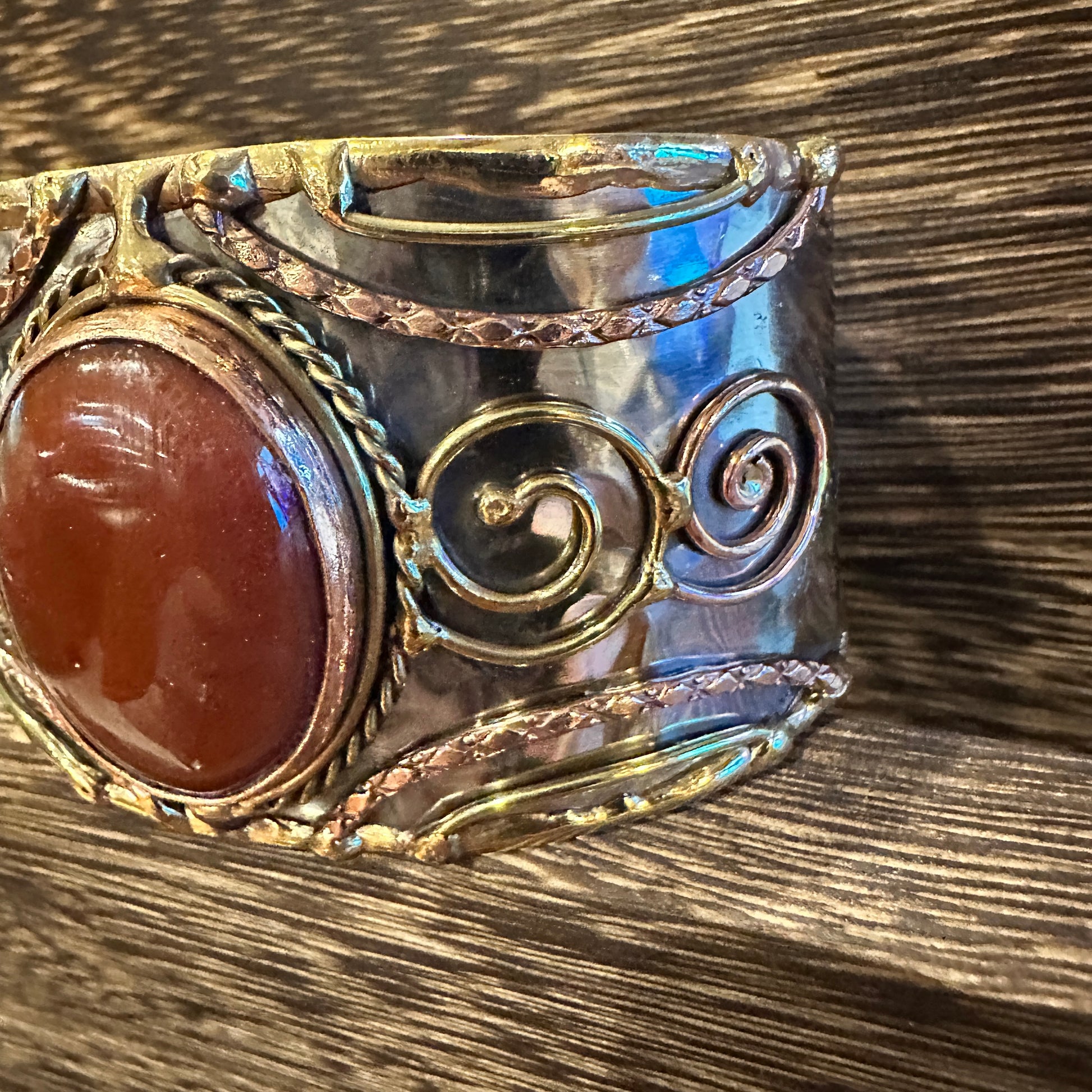 Elegant Adjustable Cuff Bracelet with Red Onyx and Mixed Metals, Gift-Ready Boxed Silver Elegant