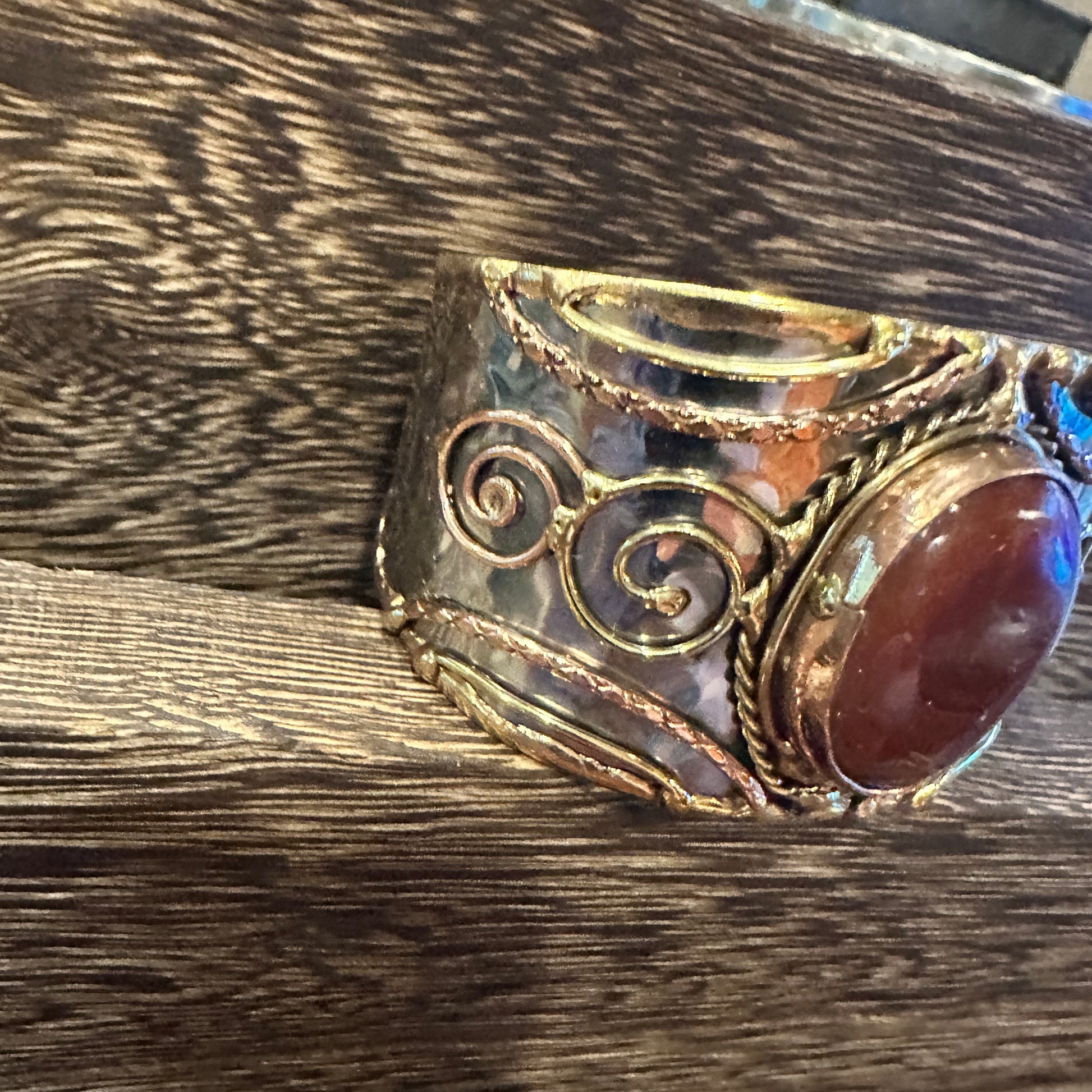 Elegant Adjustable Cuff Bracelet with Red Onyx and Mixed Metals, Gift-Ready Boxed Silver Elegant