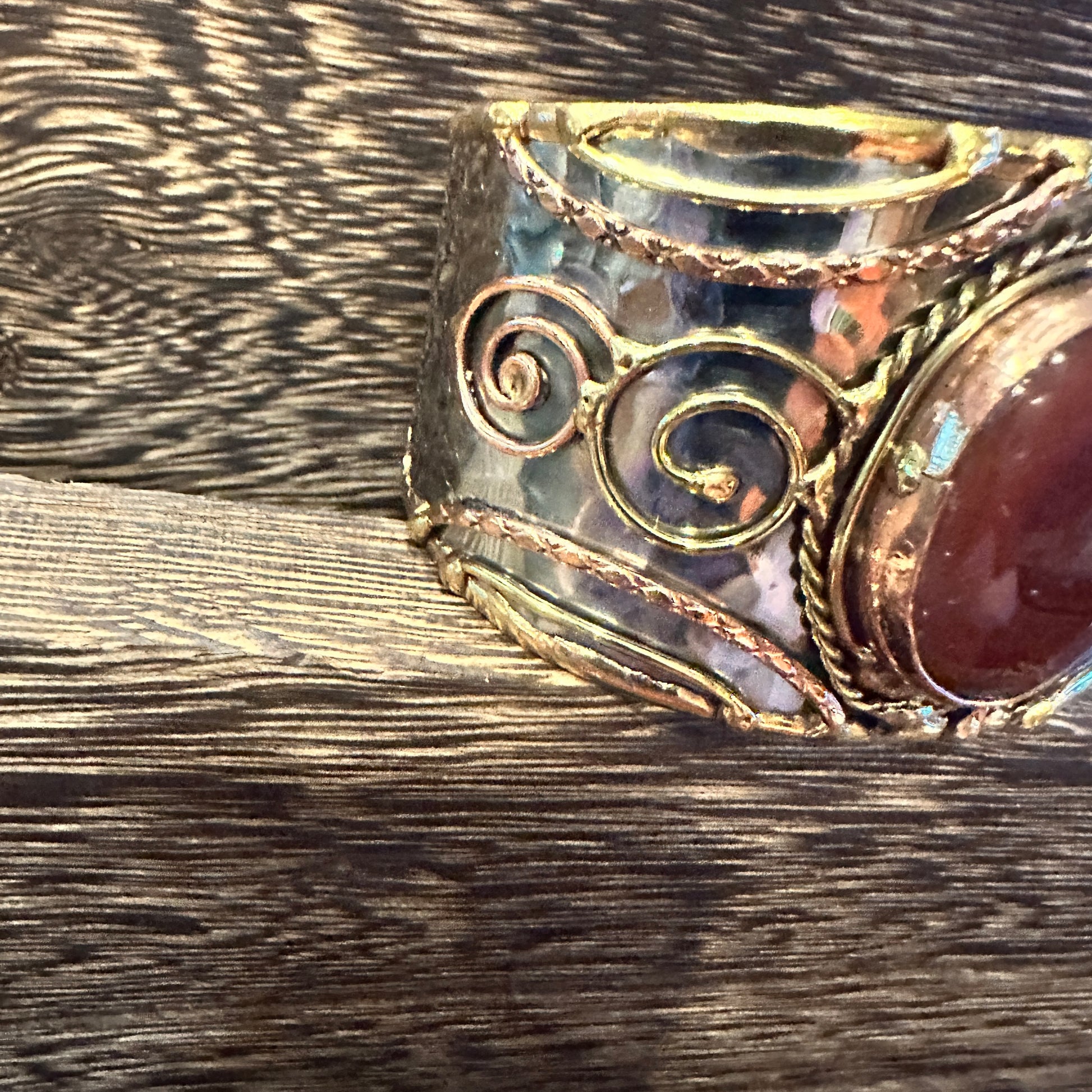 Elegant Adjustable Cuff Bracelet with Red Onyx and Mixed Metals, Gift-Ready Boxed Silver Elegant