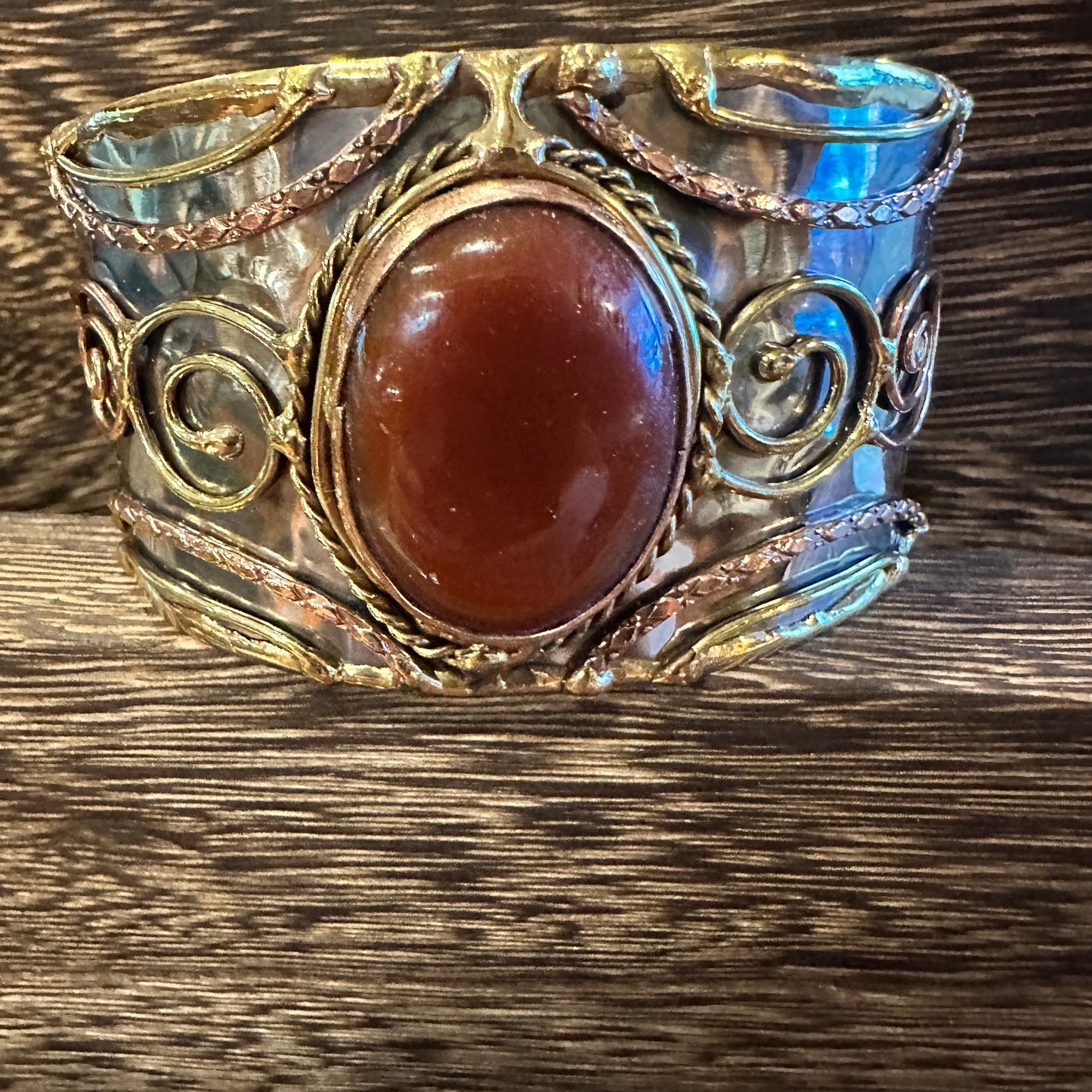 Elegant Adjustable Cuff Bracelet with Red Onyx and Mixed Metals, Gift-Ready Boxed Silver Elegant