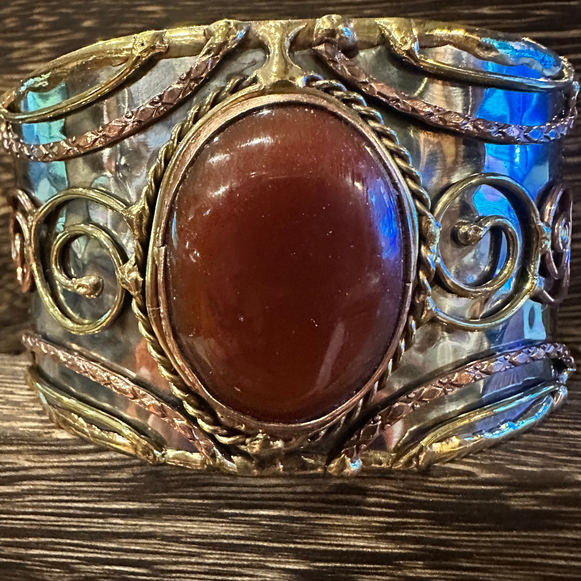 Elegant Adjustable Cuff Bracelet with Red Onyx and Mixed Metals, Gift-Ready Boxed Silver Elegant
