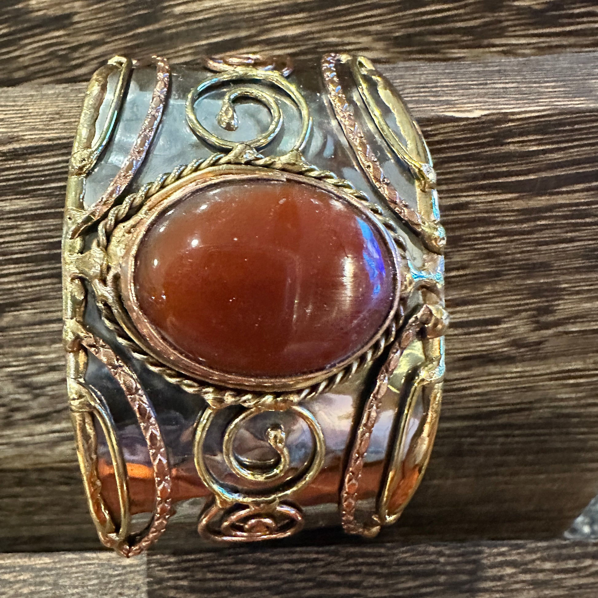 Elegant Adjustable Cuff Bracelet with Red Onyx and Mixed Metals, Gift-Ready Boxed Silver Elegant