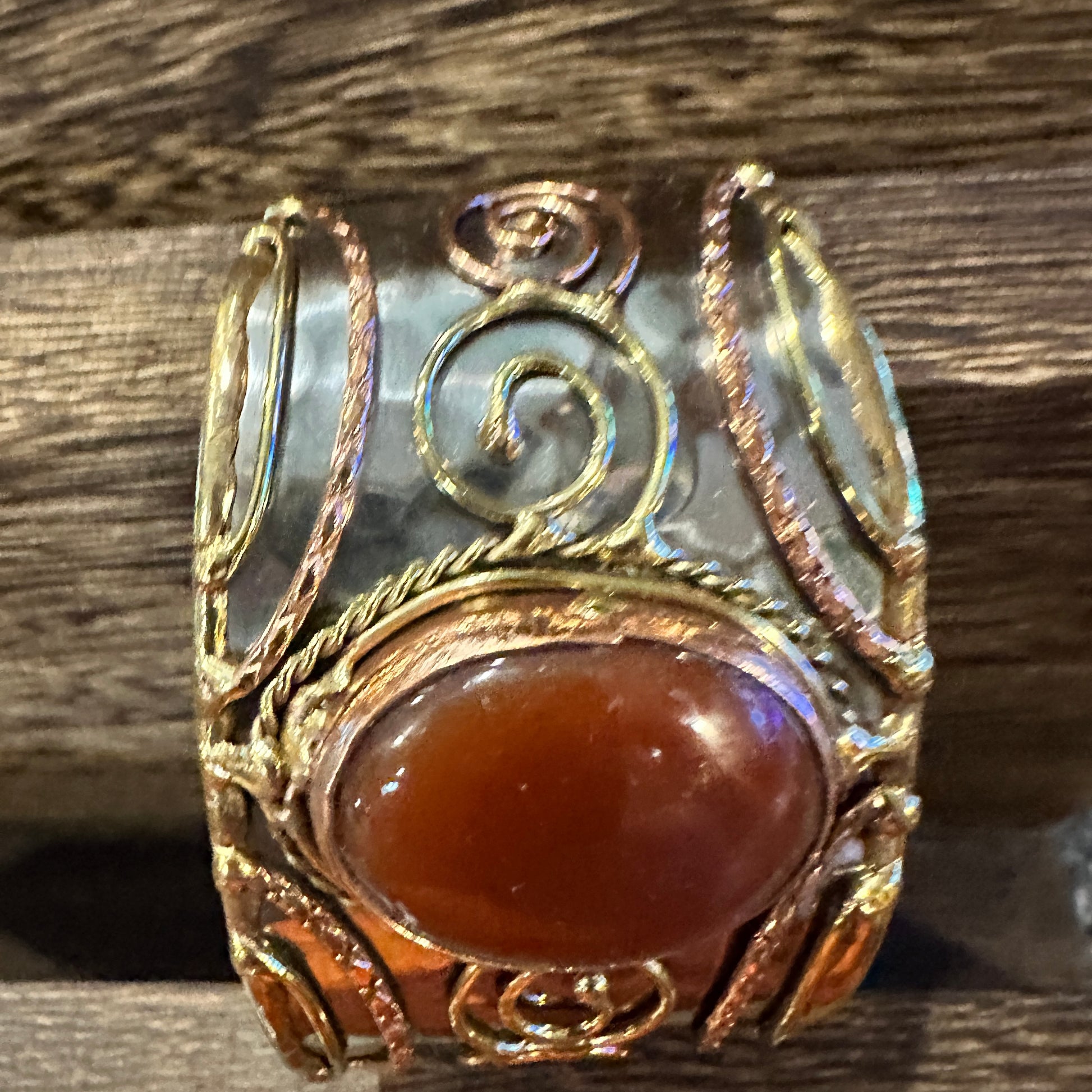 Elegant Adjustable Cuff Bracelet with Red Onyx and Mixed Metals, Gift-Ready Boxed Silver Elegant