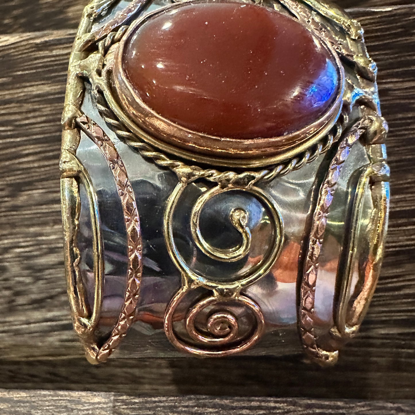 Elegant Adjustable Cuff Bracelet with Red Onyx and Mixed Metals, Gift-Ready Boxed Silver Elegant