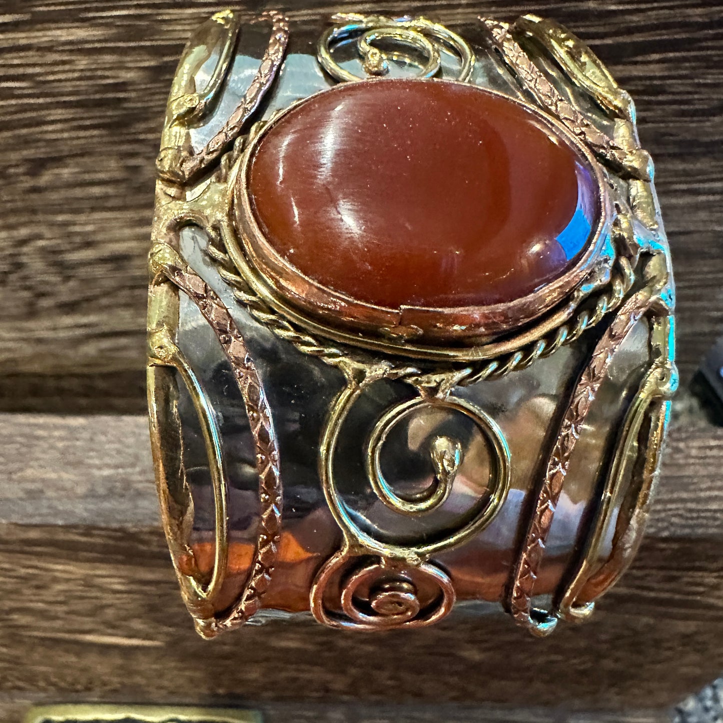 Elegant Adjustable Cuff Bracelet with Red Onyx and Mixed Metals, Gift-Ready Boxed Silver Elegant
