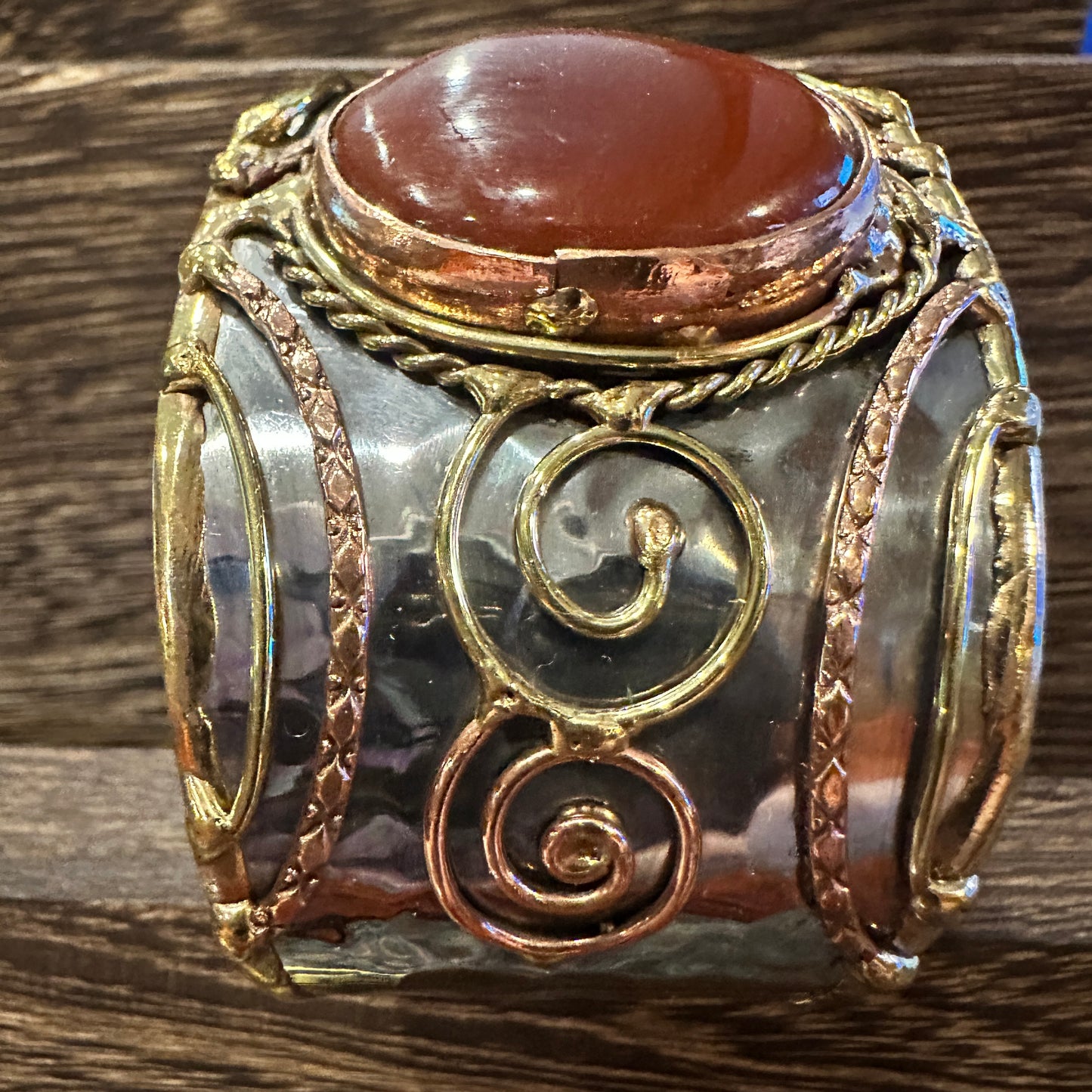 Elegant Adjustable Cuff Bracelet with Red Onyx and Mixed Metals, Gift-Ready Boxed Silver Elegant