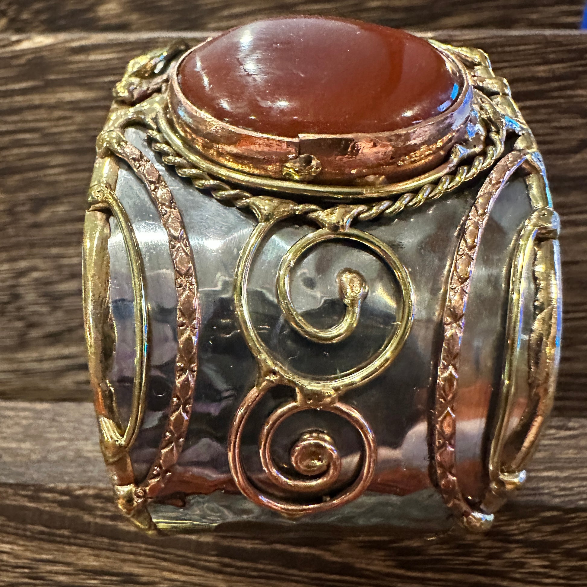 Elegant Adjustable Cuff Bracelet with Red Onyx and Mixed Metals, Gift-Ready Boxed Silver Elegant