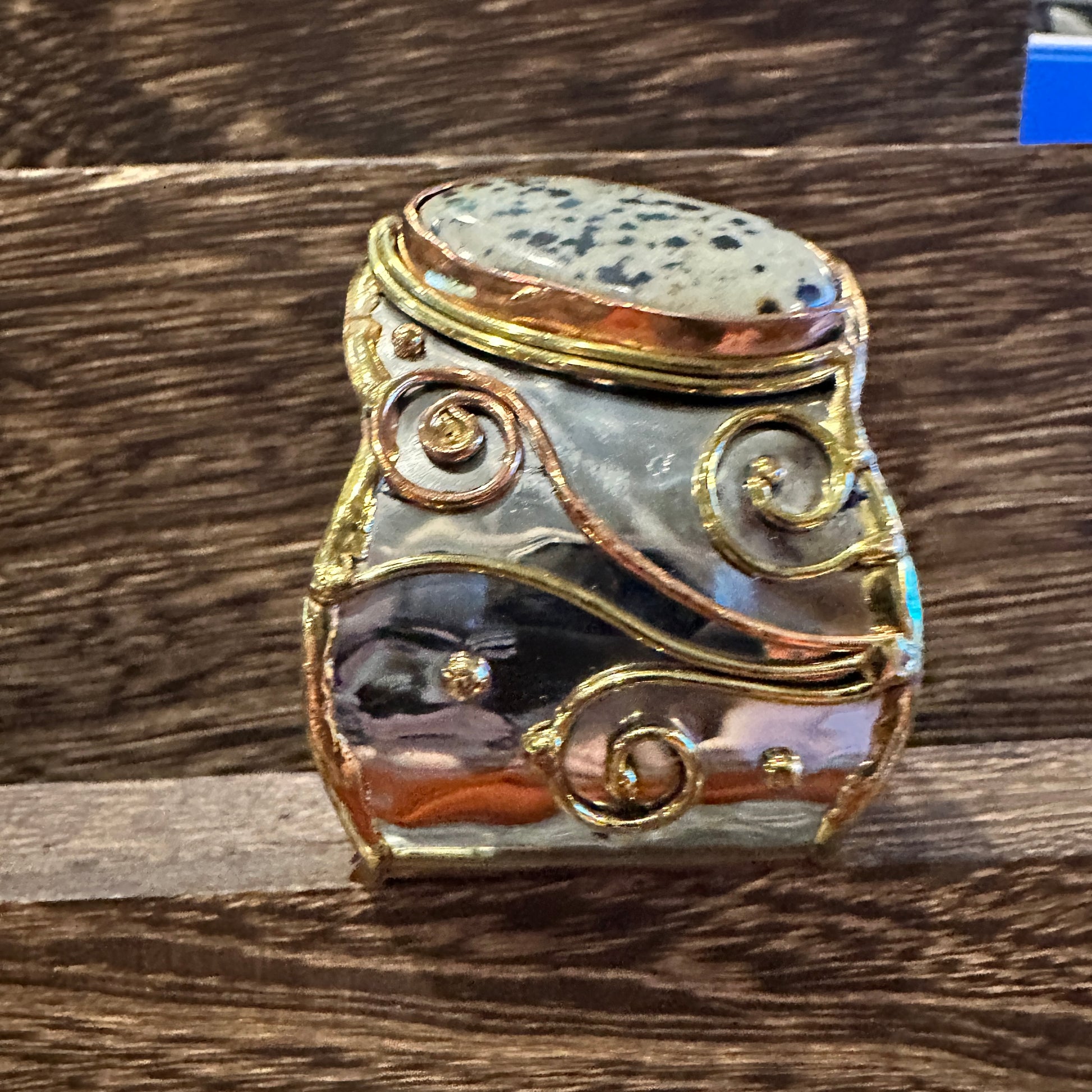 Handcrafted 2in Wide Cuff Bracelet, Malachite Green Stone, Mixed Metals, Adjustable, Gift Box Silver Elegant