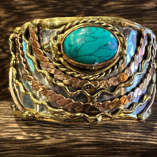 Turquoise Stone Cuff Bracelet - Handcrafted Adjustable Design in Mixed Metals, Gift Box Included Silver Elegant