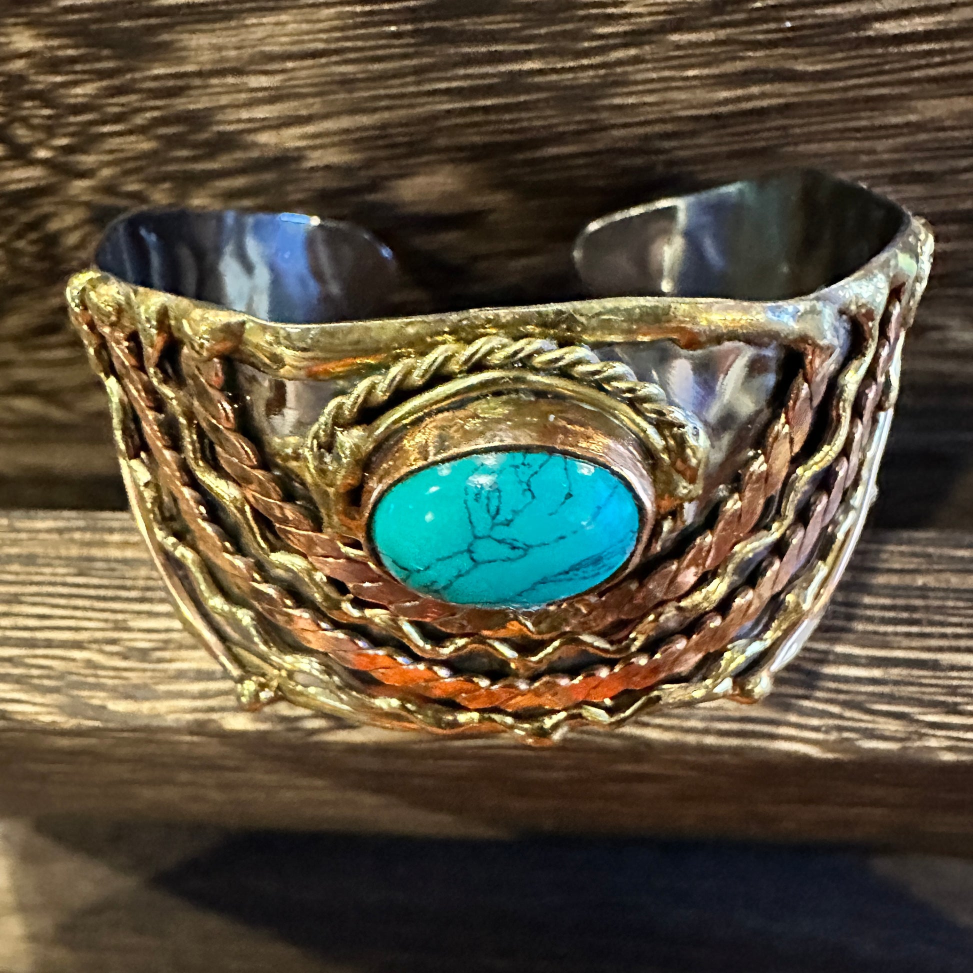 Turquoise Stone Cuff Bracelet - Handcrafted Adjustable Design in Mixed Metals, Gift Box Included Silver Elegant